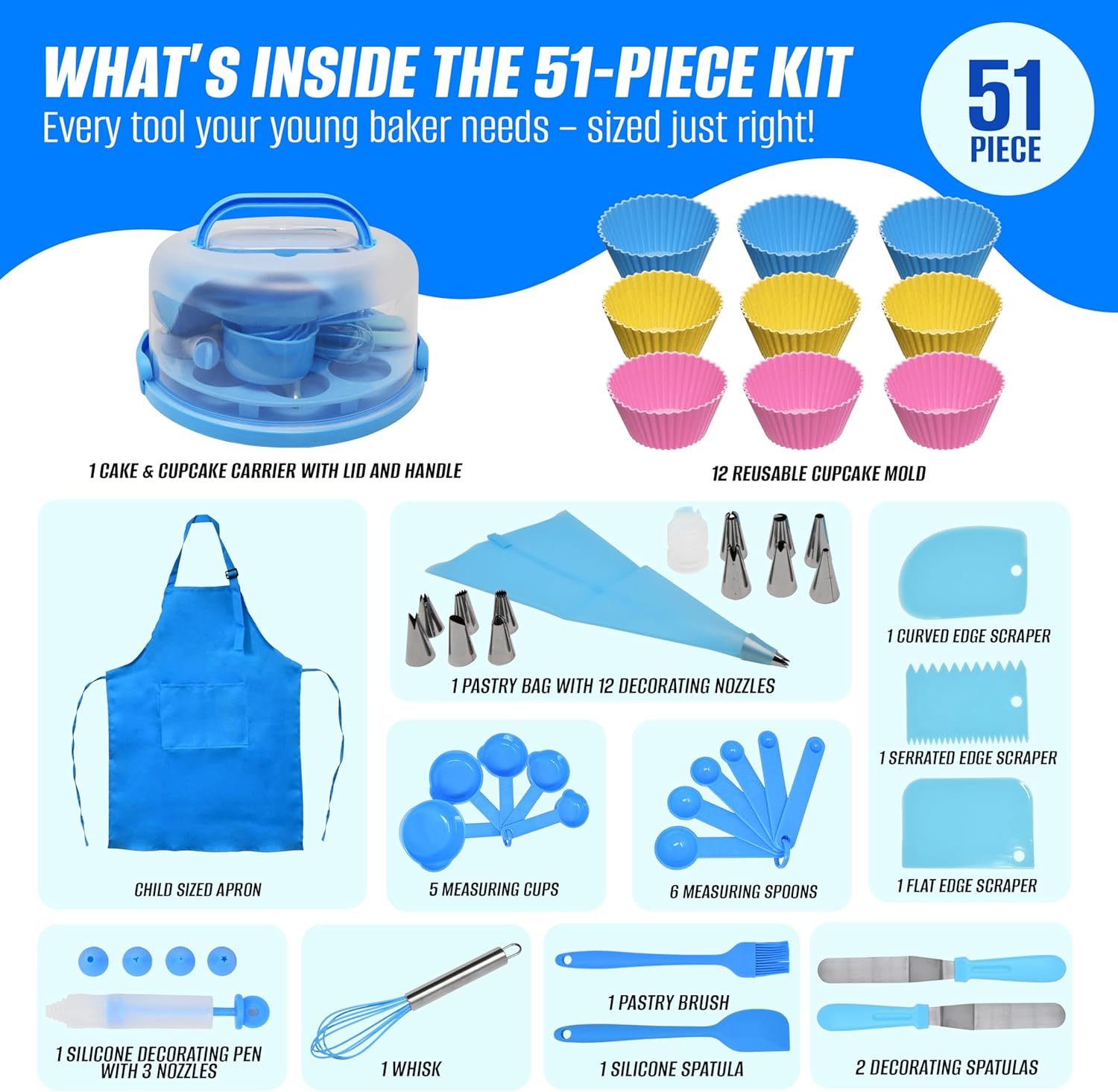 Perlli Kids Cake & Cupcake Baking Set – 51 Pieces Real Utensils & Decorating Kit with Carrier Safe Baking Supplies Gift for Junior Chefs Girls & Boys (Blue)