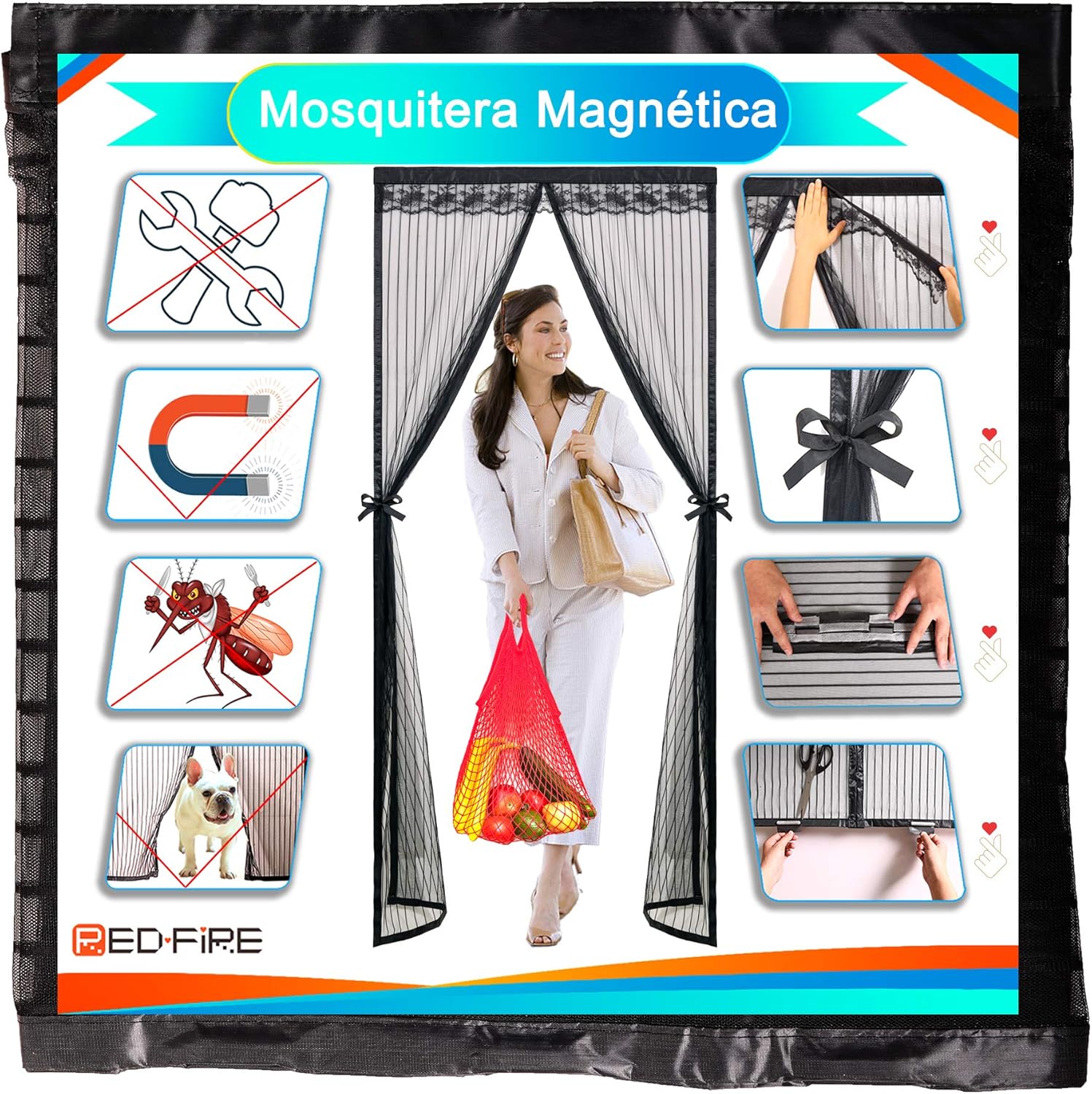 Redfire Cortina Mosquitera para Puertas 190x265cm Diseño Prueba De Viento mosquitera para Puerta Aire Fresco Mosca Pantalla Diferentes tamaños para Puerta De Balcón,Negro