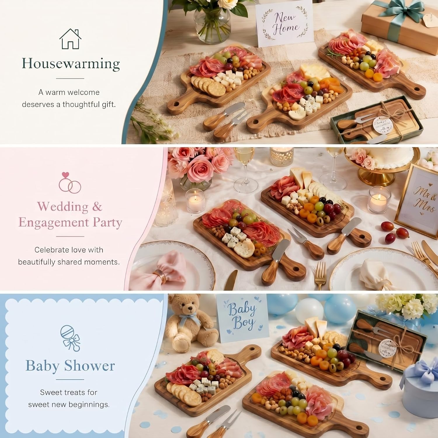 Ziliny 1 Set Bridal Baby Shower Cheese Prizes Wooden Square Board Gift Set Knives Forks Thank You Tags with Box for Guests for Valentines Bridal Baby Shower Housewarming Gifts (Acacia Color)