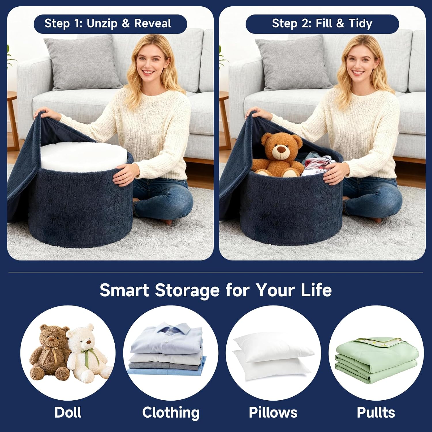 Tiita Stuffed Pouf Ottoman, Round Foot Stool Fluffy Floor Poufs Chair for Living Room Bedroom, Filled Boho Foot Rest for Couch, Blue-Grey