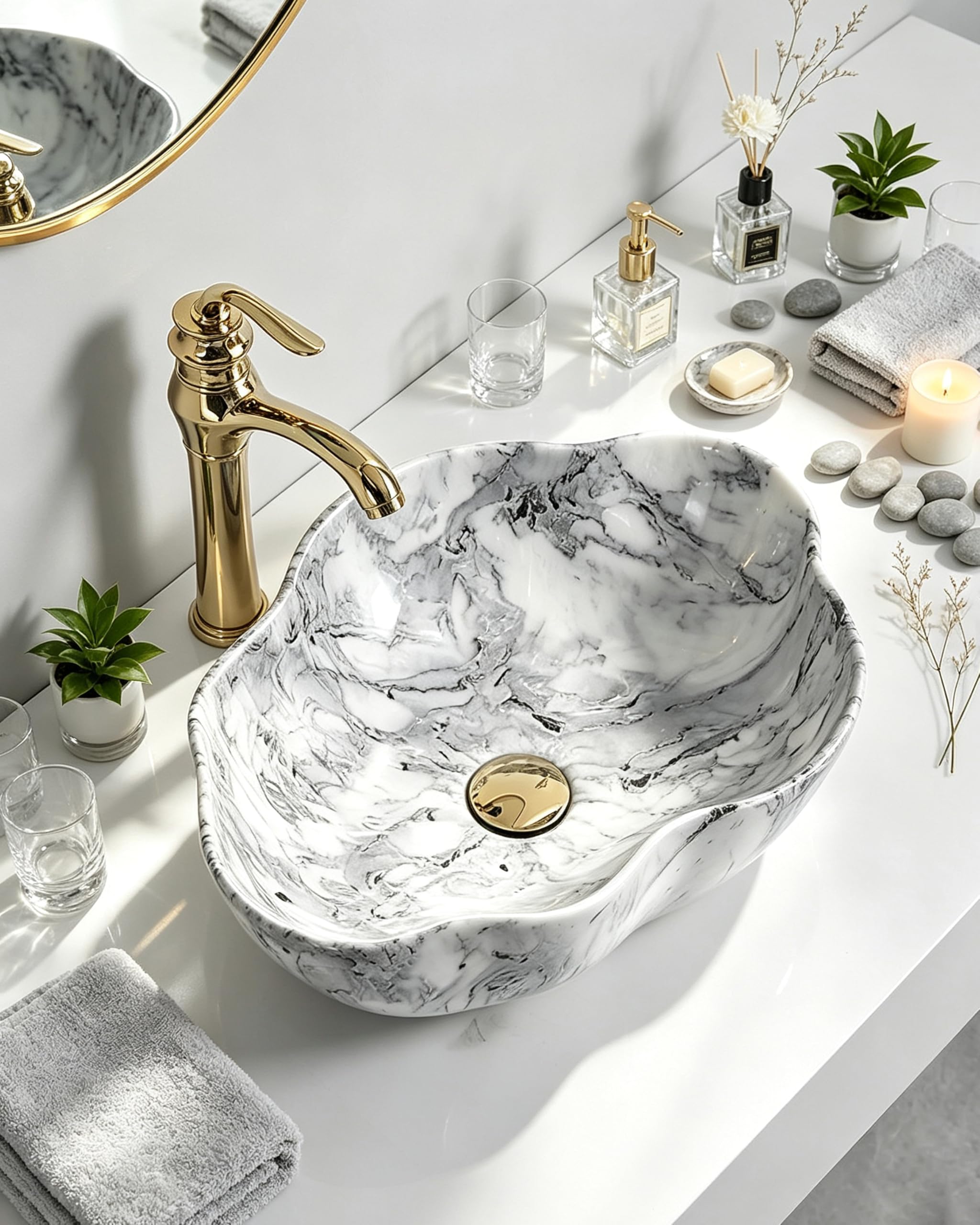 Lavabo da Appoggio in Stile Moderno con Rubinetti per Acqua Calda/Fredda E Scarico Lavandino di Forma Irregolare in Stile Artistico Piccolo Lavabo Appoggio Bianco 50Cm,F,50.5×37.5×14cm