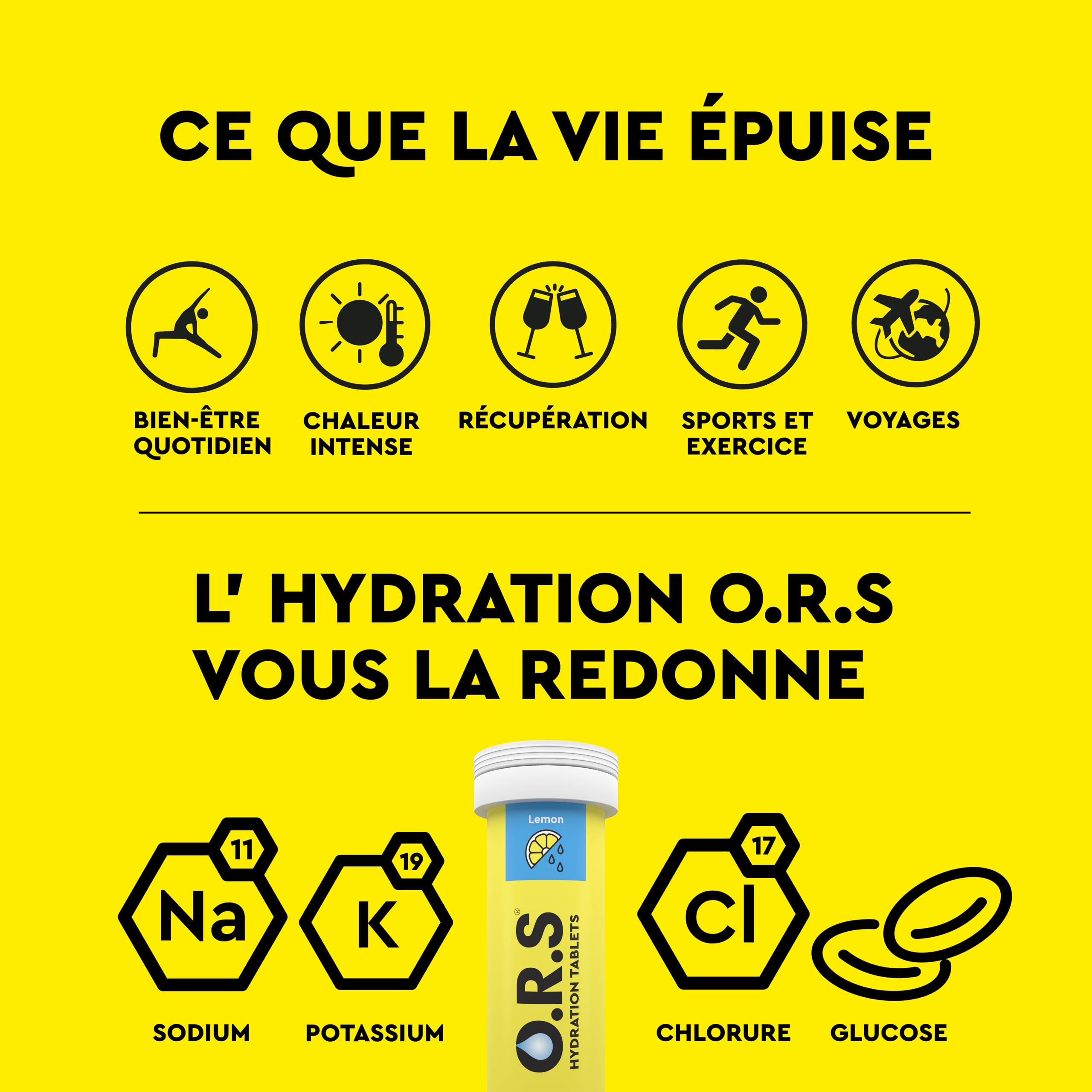 O.R.S Tablettes d'Hydratations avec Électrolytes, Minéraux et Glucose, Végan, Composition Sans Gluten et Lactose - Goût Naturel de FLAVOUR (Citron), 144 Tablettes, 72 portions (Pack de 6 x 24).