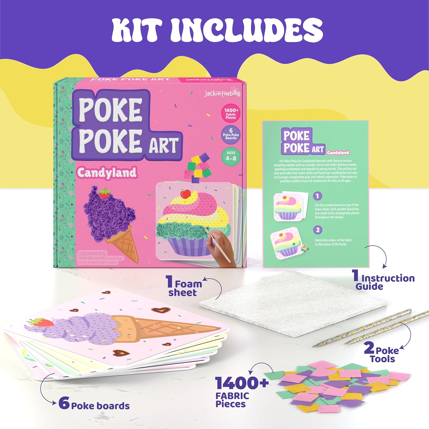 jackinthebox Poke Poke Art for Kids - Candyland Theme, Mess-Free Fabric Art and Craft, Flower Pressing Kits, Gift for Kids, DIY Activity Boy Gift, Easter Gifts for Girls and Boys Ages 4 5 6 7 8
