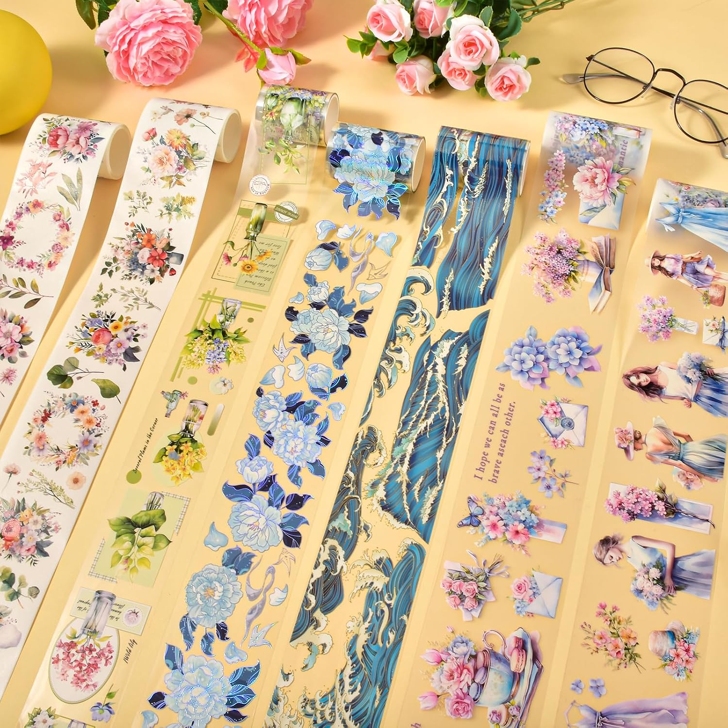 Washi Tape, PET Decorative Adhesive Crafts Tapes for Journals Planners Scrapbook Supplies, Transparent Designed Stickers Waterproof DIY Arts (Waves)