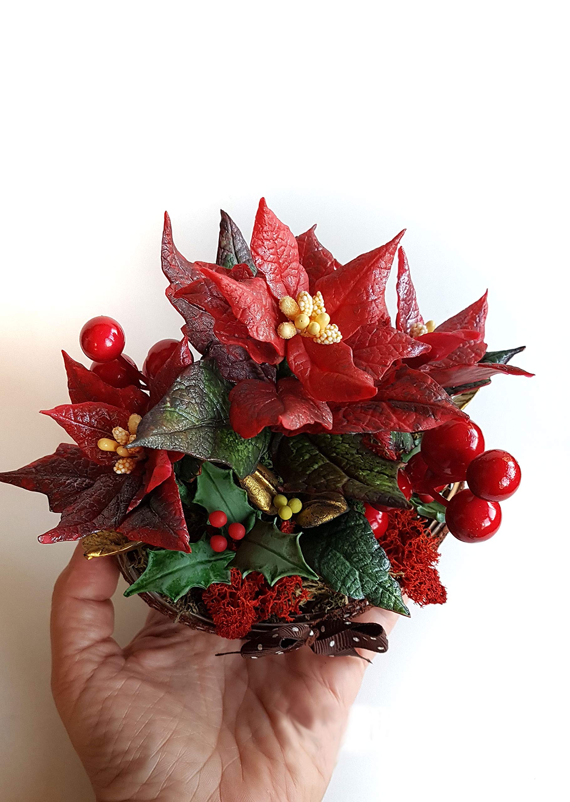 Flor de Navidad Poinsettia, Flores de Porcelana, Miniatura Decoracion del hogar, Hecho a Mano
