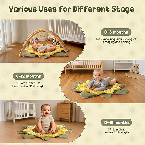 Miniatura 4 de ROBUD Tapete de juego para bebé, con forma de girasol, con 7 juguetes desmontables, tapete de juego de gran tamaño para bebés de 0 a 6 meses