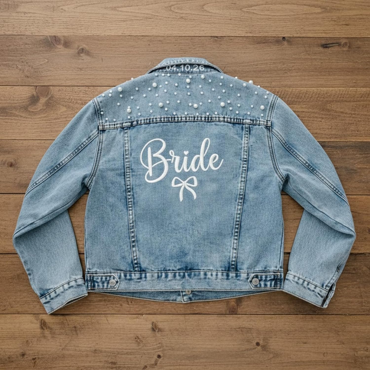 Personalized Embroidered Bride Denim Jacket, Custom Pearl Jean Jacket, Blue Cotton, Wedding Gift