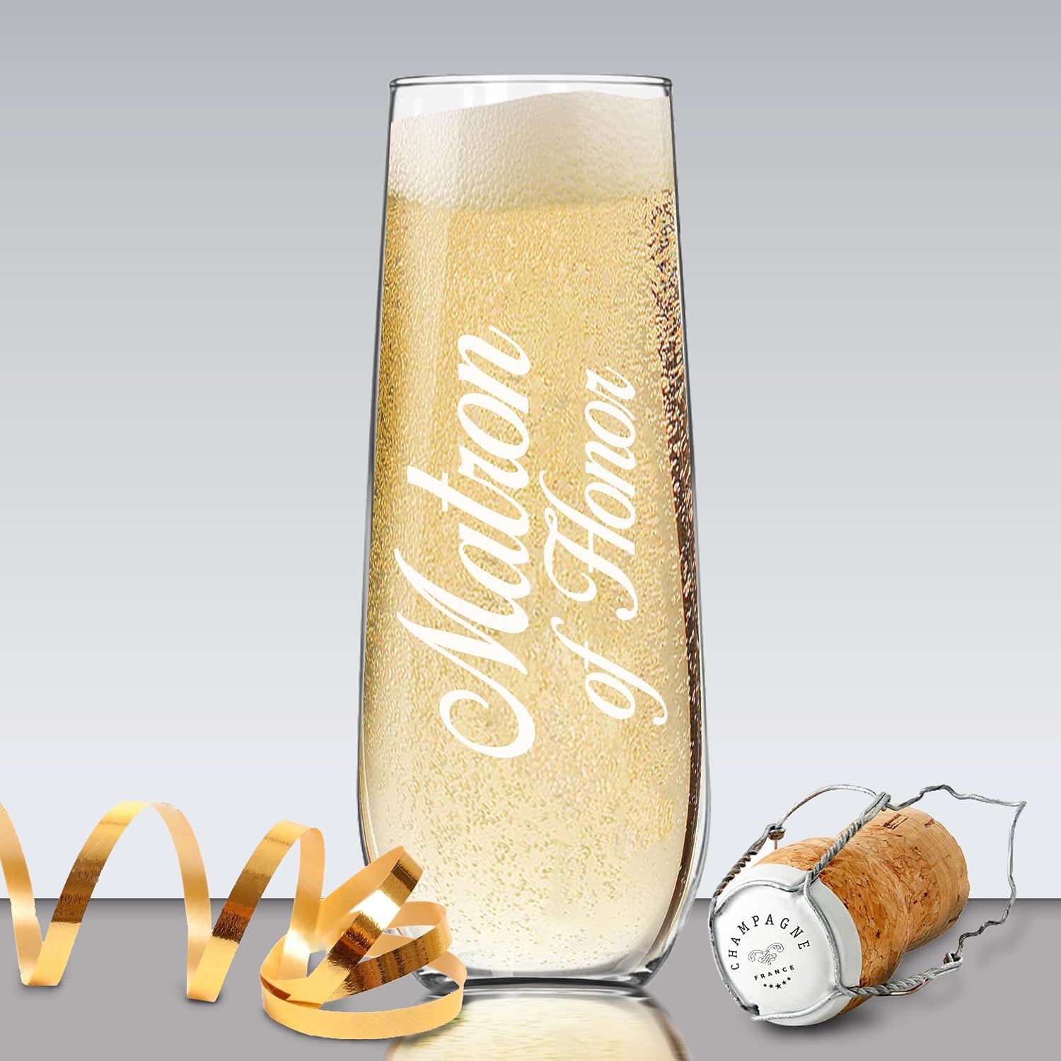 My Personal Memories Engraved 8.5 oz Stemless Champagne Flute Glasses for Weddings, Bachelorette, Bachelor, Reception, Parties (Matron of Honor)