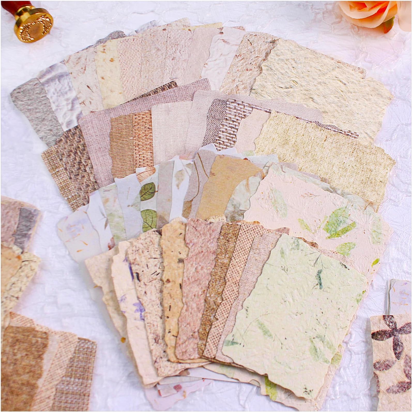 84 Sheets Small Textured Scrapbook Paper and 3D Embossed Collage Paper, Handmade Leaf Fiber Deckled Edge Paper for Junk Journal Supplies, Mixed Media, Card Making, DIY Craft Art