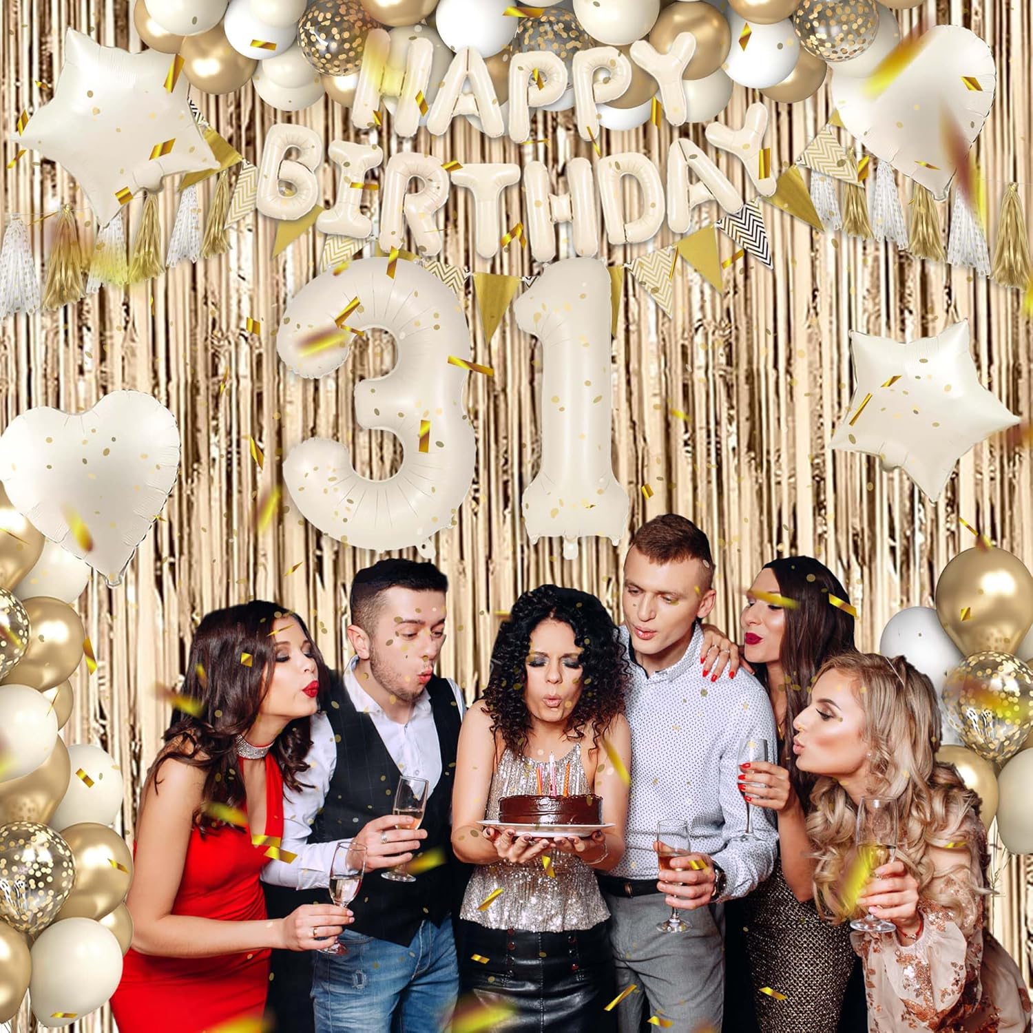 31st Birthday Decorations for Women, White and Gold 31 Boho Birthday Party Supplies Includes Number Balloons, Banner, Fringe Curtain, Cake Topper