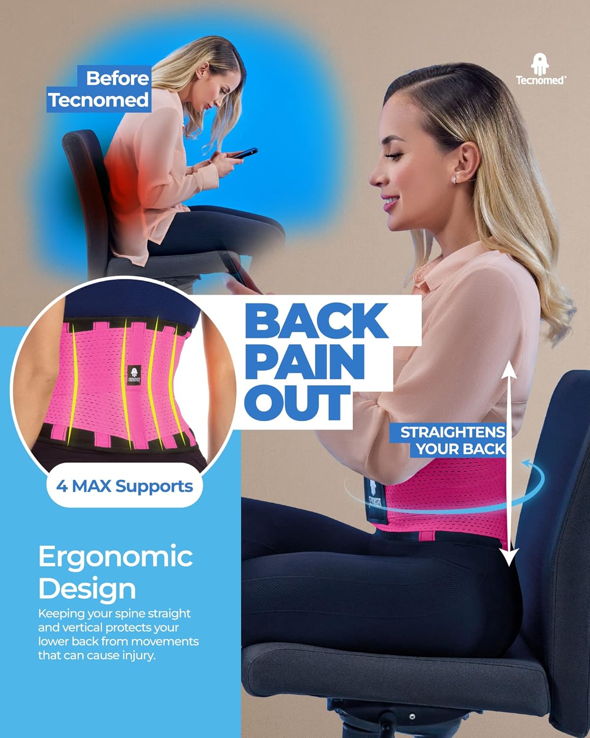 Tecnomed Back Brace For Men & Women - Immediate Relief from Back Pain, Herniated Disc, Sciatica, Scoliosis – Breathable Lower Back Belt For Weight Lifting - Workout - Posture Corrector Pink