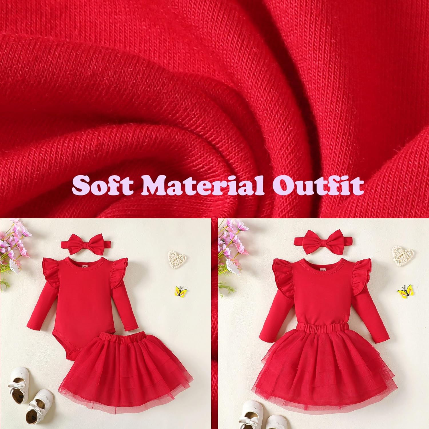 Baby Girl Ruffle Sleeve Romper Dress Newborn Solid Color Dress Bow Outfit Infant Jumpsuit Tutu Skirt Set Clothes - Image 3