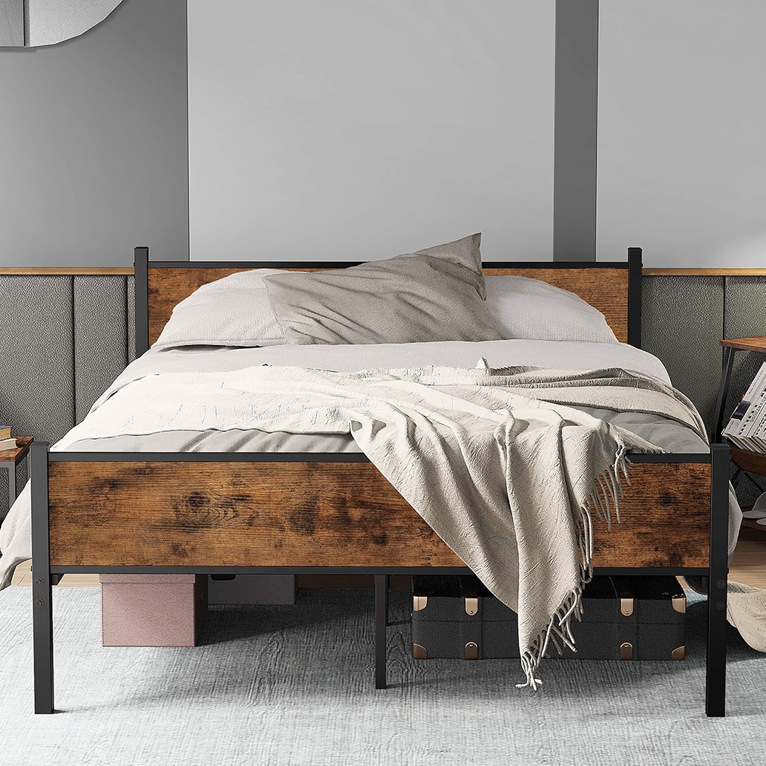 IRONCK Full Size Bed Frame with Headboard, Reinforced Struction Studio Metal Platform Bed Frame Full, Strong Metal Leg and Slat Support, Noise-Free, Box Spring Optional