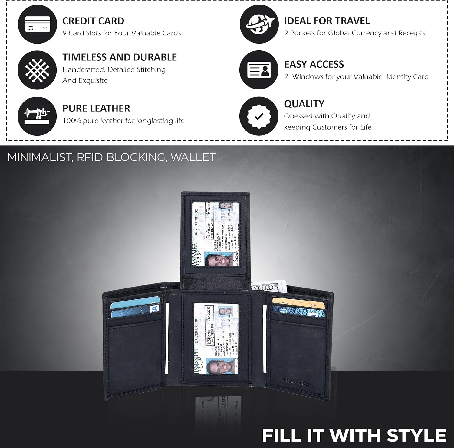 Real Leather Mens Trifold Wallet RFID Blocking Slim Minimalist Front Pocket - Thin & Stylish with ID Window in Gift Box - Image 5