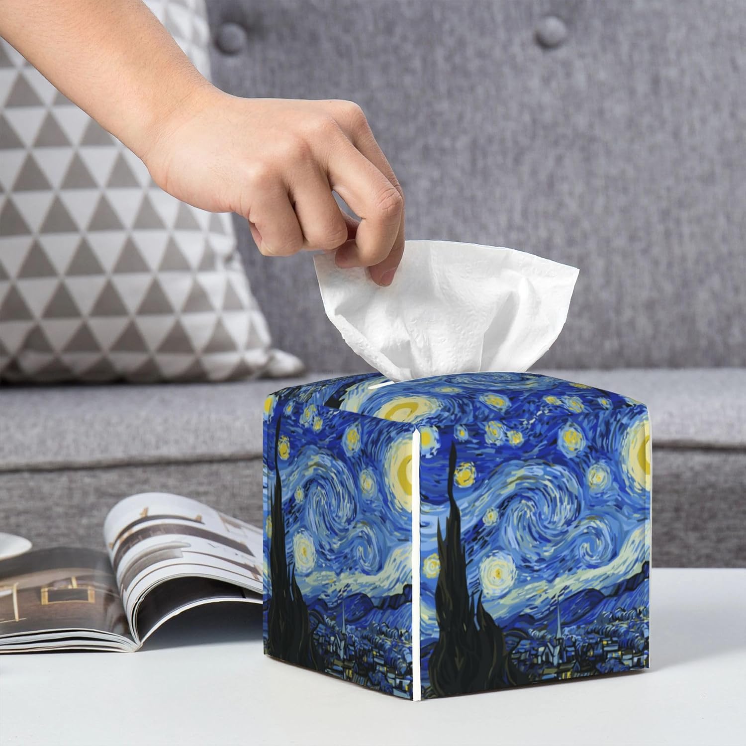 Starry Night Tissue Box Cover Leather Tissue Box Holder Square Facial Paper Organizer Dispenser for Bathroom Kitchen Bedroom Vanity Countertop Night Stands