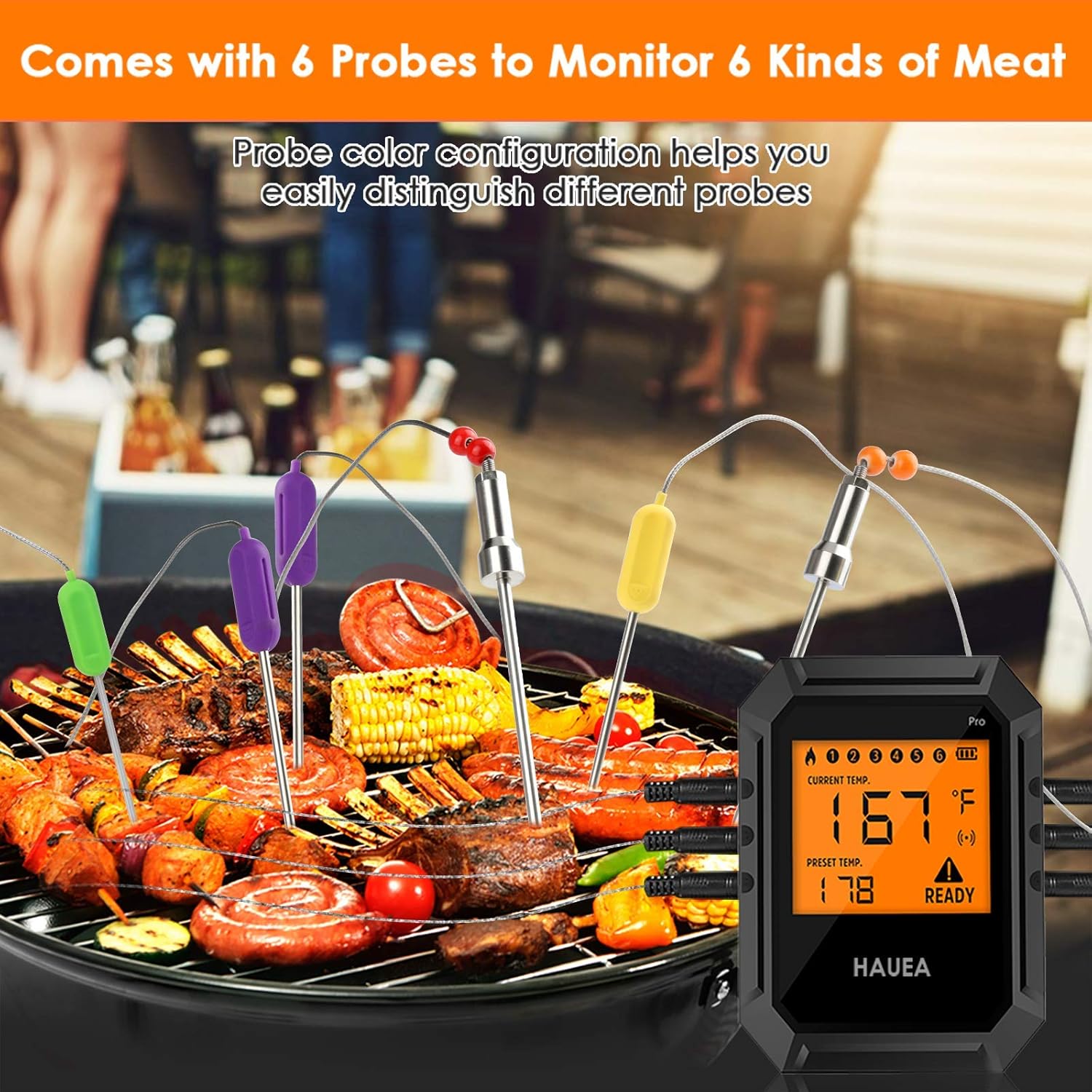 Six color-coded temperature probes inserted into various meats on a grill, connected to the Nobebird thermometer unit.