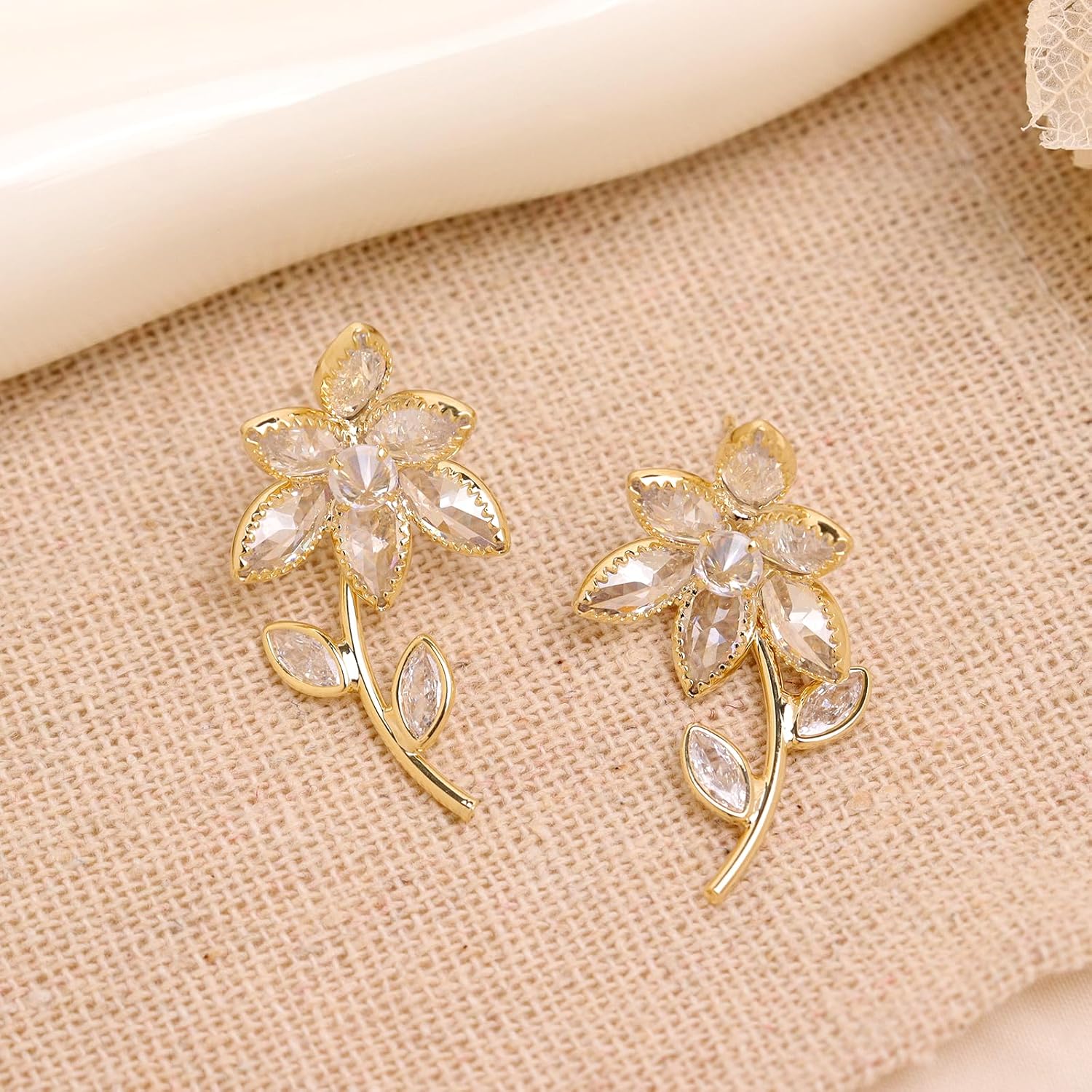 Sonateomber Flower Leaf Dangle Earrings for Women, Statement Rhinestone Floral Drop Earing Spring Prom Wedding Jewelry Gift - Image 5