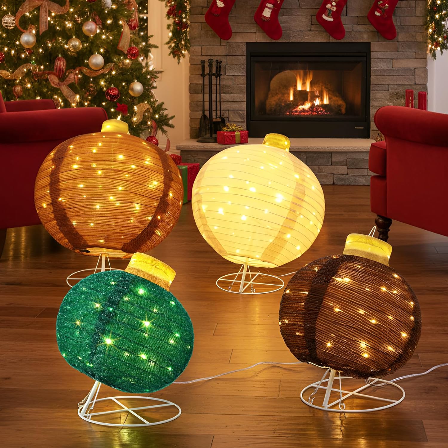 VIHOSE 4 Pcs Large Outdoor Christmas Ball Ornament Decoration, Giant Lighted Christmas Pop up Ball LED Lights Rustic Collapsible Vintage Xmas Ornament with Base for Holiday Yard Garden Lawn Porch