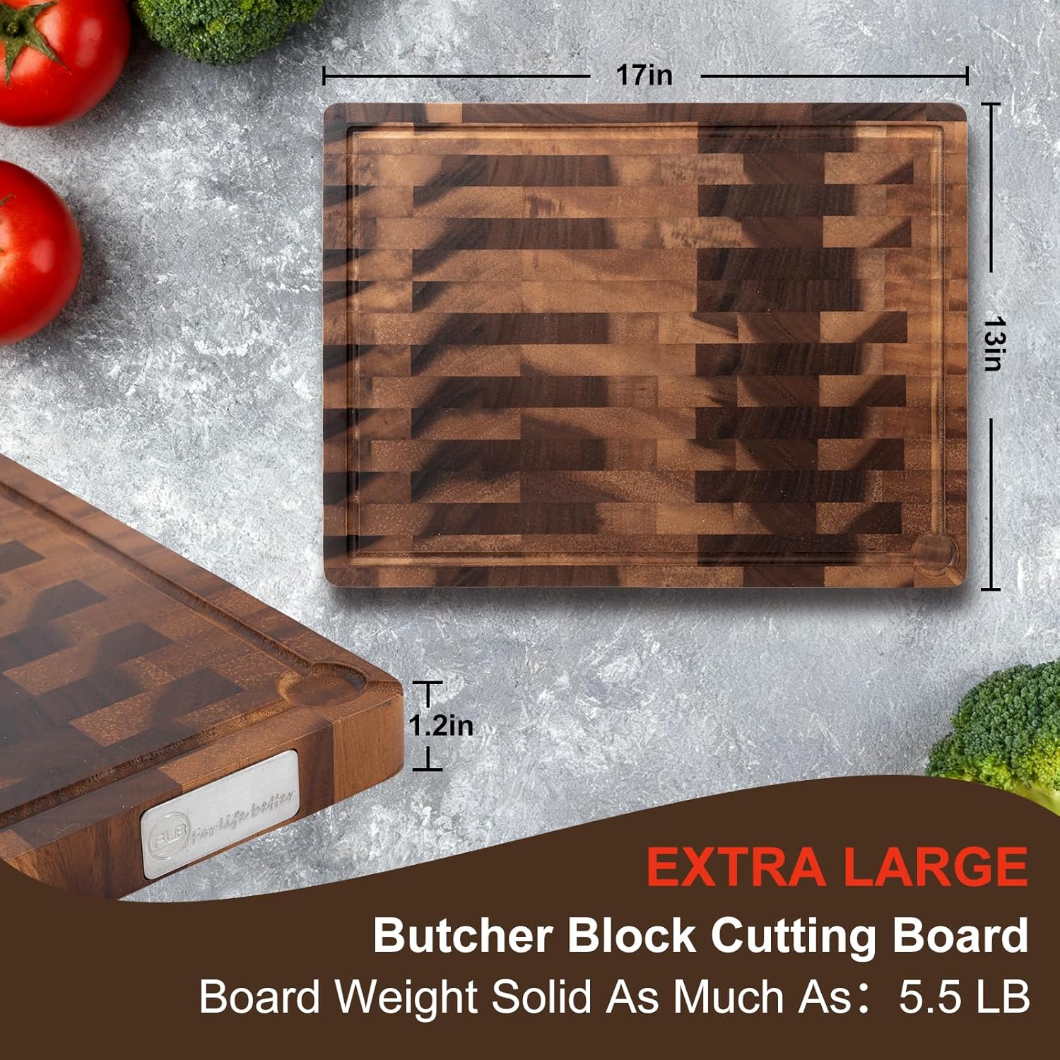 Walnut Wood Cutting Board 17x13x1.2'', Butcher Block Wooden Cutting Boards for Kitchen, Premium Walnut Cutting Board with Juice Groove, End Grain Cutting Board with Built-in Handle