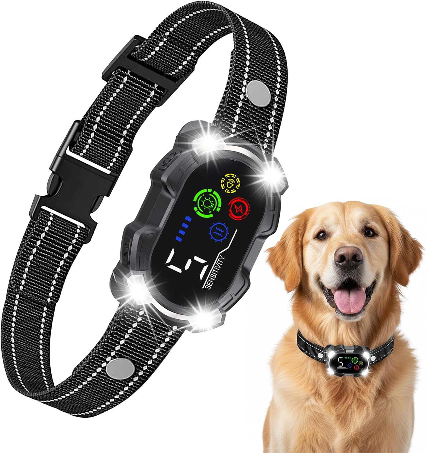 Smart Bark Collar for Dogs, Automatic Anti Barking Dog Collar with 5 Adjustable Sensitivity Levels, Rechargeable IP67 Waterproof, LED Flashing Light, for Small Medium Large Dogs