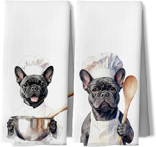DAYOUER Funny Chef French Bulldog Kitchen Gifts Dish Towels, Frenchie Lover Gift