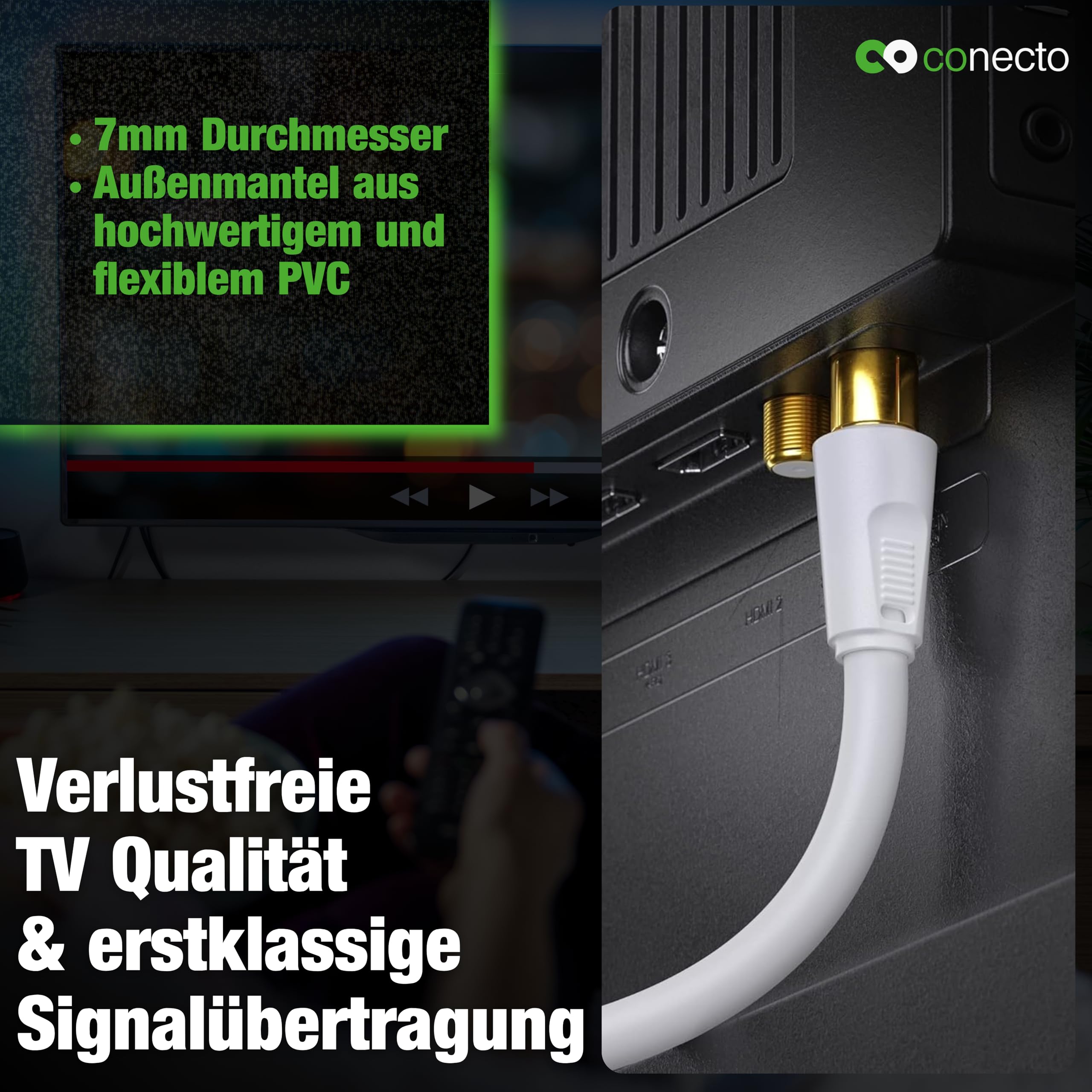 conecto Kabel antenowy, kabel koncentryczny TV 3,0 m, 4-krotnie ekranowany, wtyczka IEC z ferrytem, do HDTV, odbiornika, satelity, DAB, radia, biały