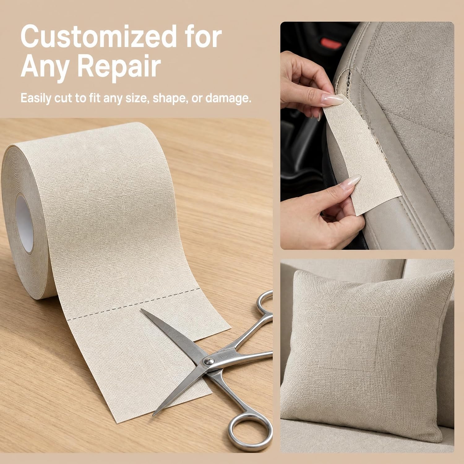 Fabric Repair Tape, Self Adhesive Linen Patch, Strong Sticky Material, 3x79 Inch Size, for Couch, Sofa, Furniture, Upholstery, Chair, Car Seat, Easy to Use, Great Fix