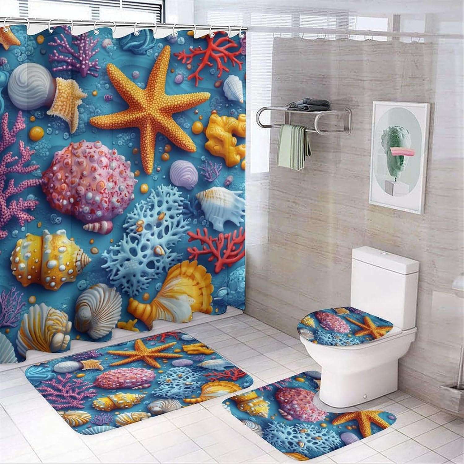 Bathroom Mat Set, Colorful Coral Reef Pattern Printed on Bathroom Accessories Sets Complete, Designed for Farmhouse Boho Contemporary Bathrooms, 72 x 72 inches