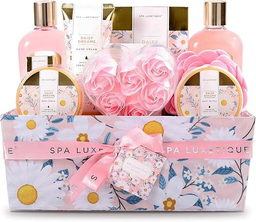 SPA LUXETIQUE Daisy Dreams Bath Set, 12pcs Pamper Set for Women, Daisy Essential Oil, Gift for Mum, Birthday, Mothers Day