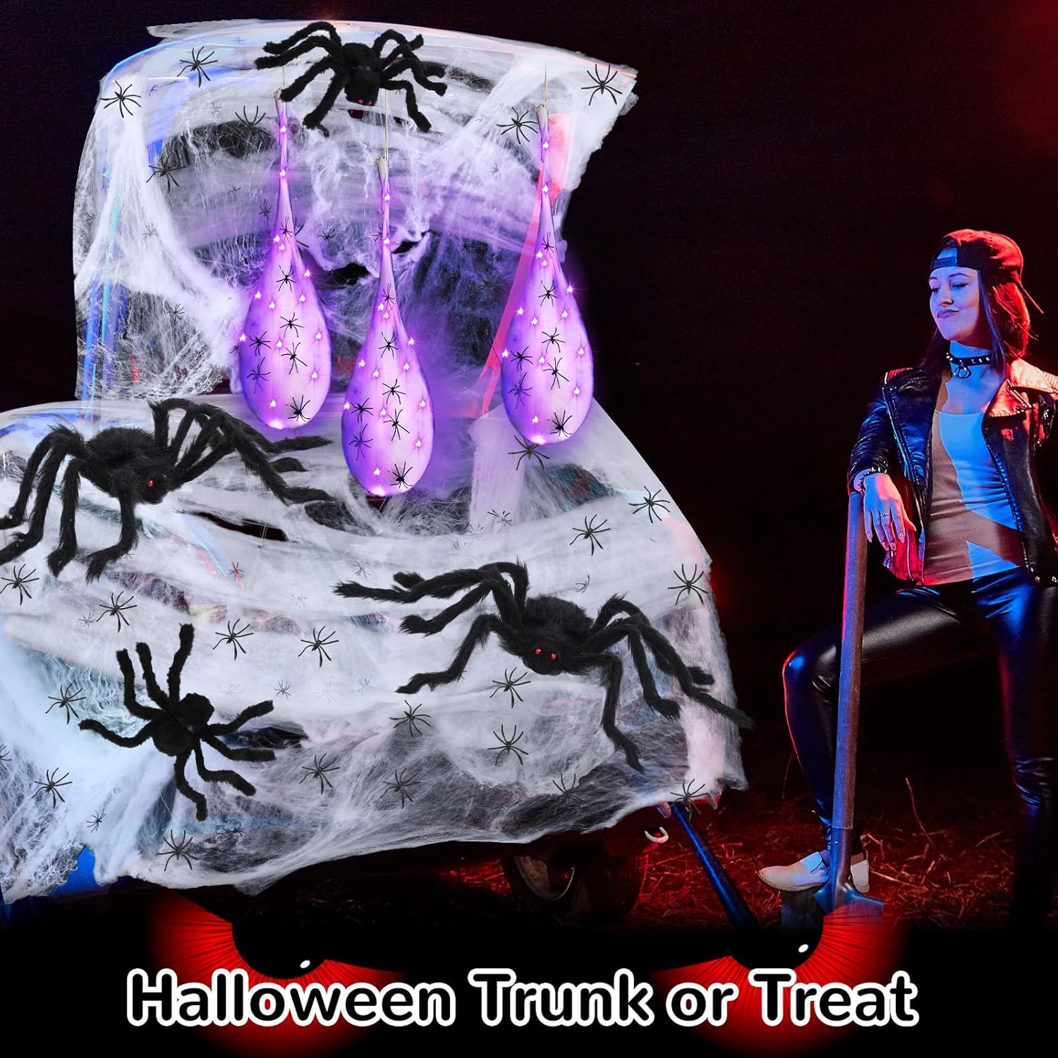 Halloween Trunk or Treat Car Decoration Kit, Spider Egg Sacs Car Decoration Hanging Purple Light, Spider Webs Decor for SUV Car Archway Garage Halloween Party Decorations