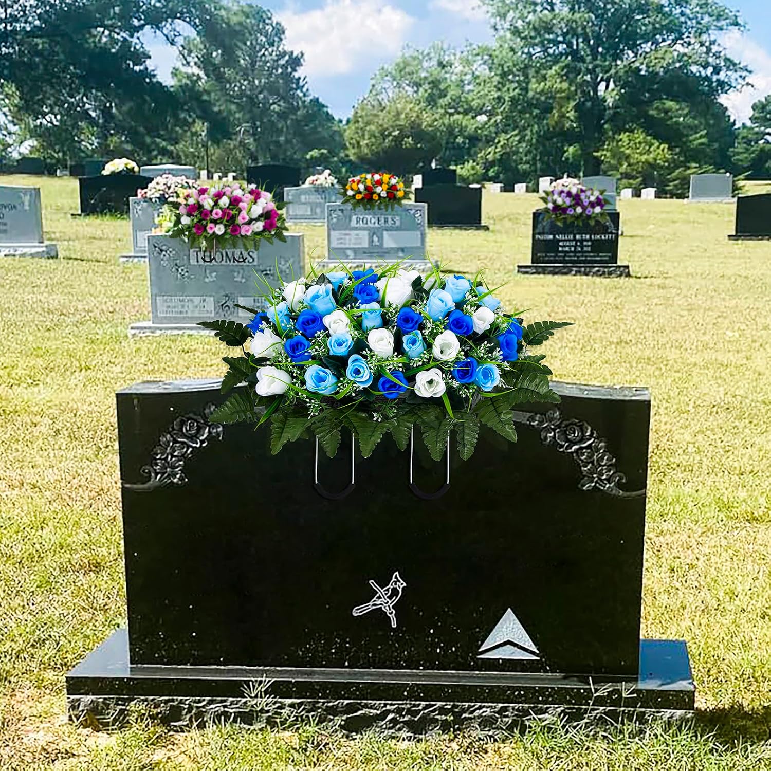 Artificial Cemetery Flowers Saddle, Grave Flowers Rose for Cemetery, Memorial Headstone Flowers Saddle for Cemetery Grave Tombstone Decorations (1, Blue & White)