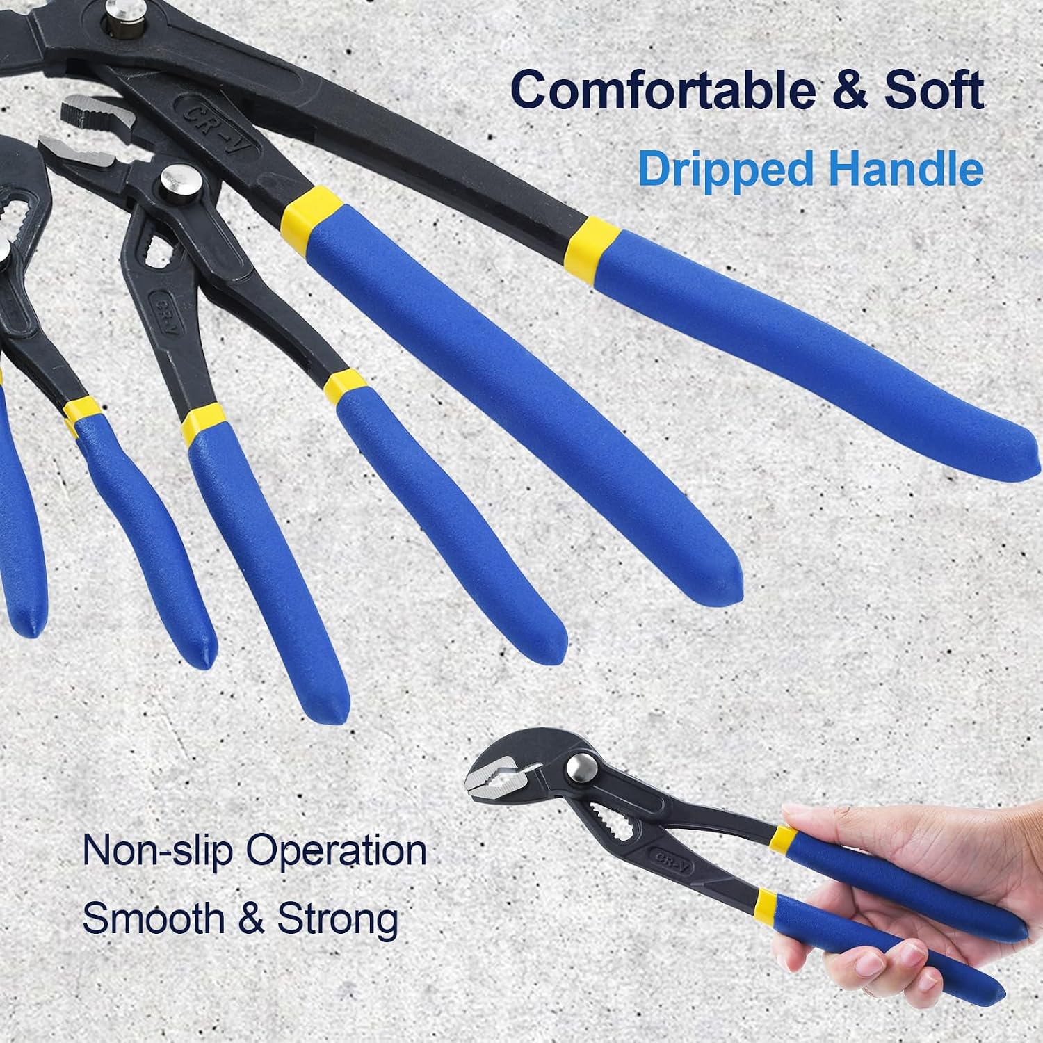 3pcs Adjustable Groove Joint Pliers Set, V-jaw Pliers with Push Button Quick Release (7-inch, 10-inch, 16-inch) (Blue)