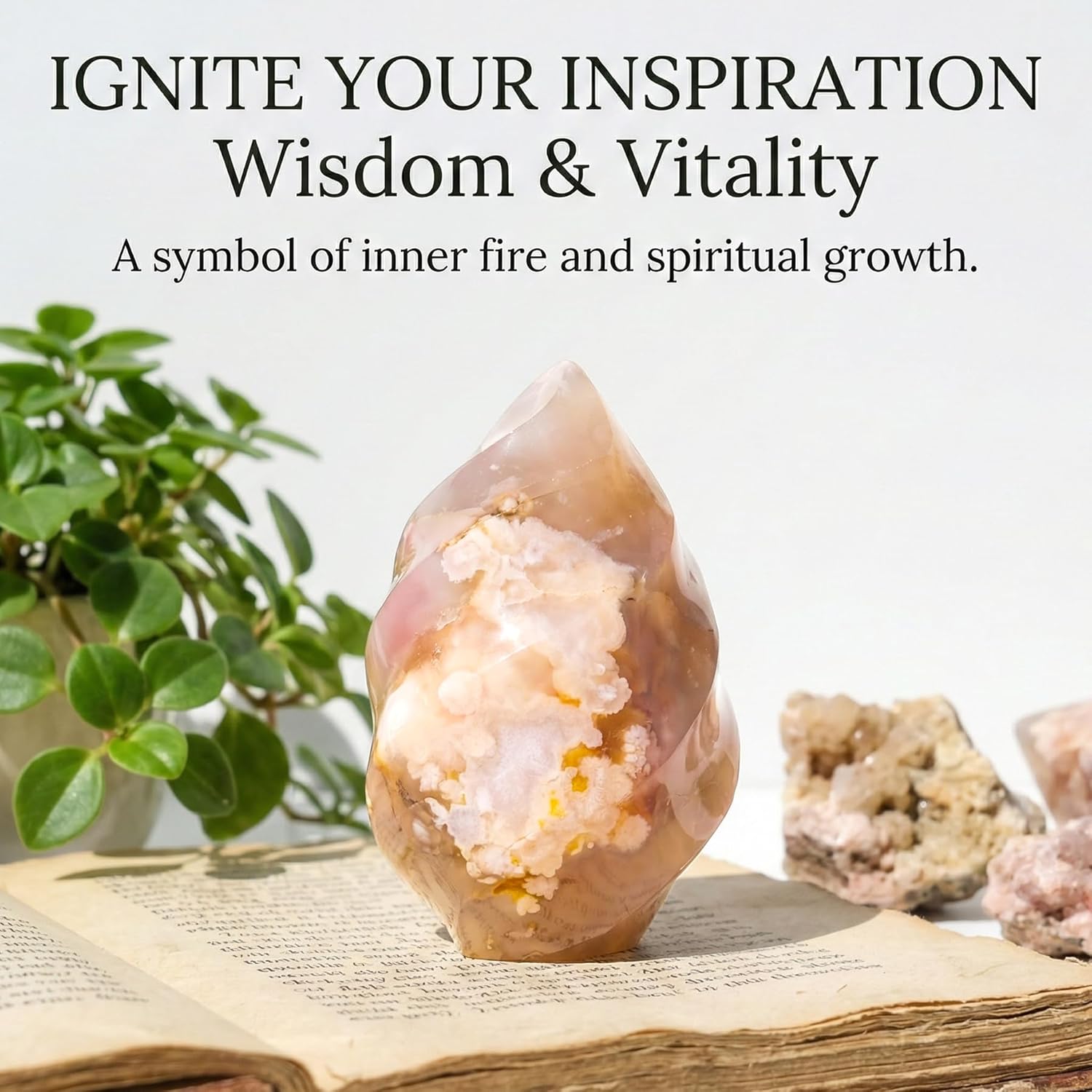 Flower Agate Flame Sculpture Medium Size- Natural Crystal Flame Decor, Hand-Polished Freestanding Healing Stone, Unique Spiritual Desk Ornament & Gift