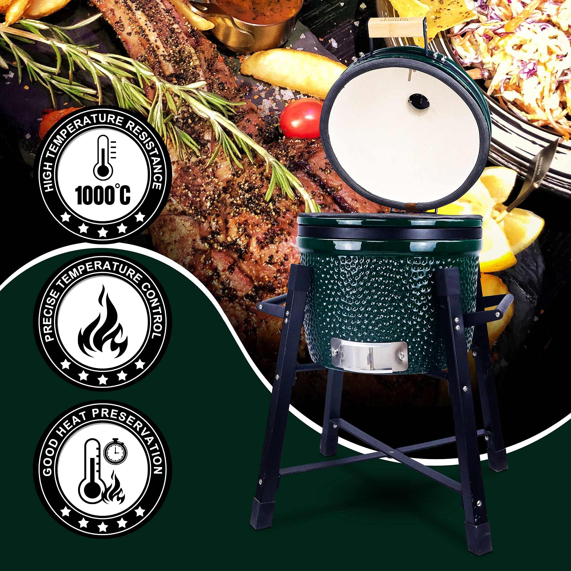Parrilla y ahumador de carbón Kamado de cerámica, rejillas de acero inoxidable, cerámica de 15 pulgadas con soporte alto (verde) 3