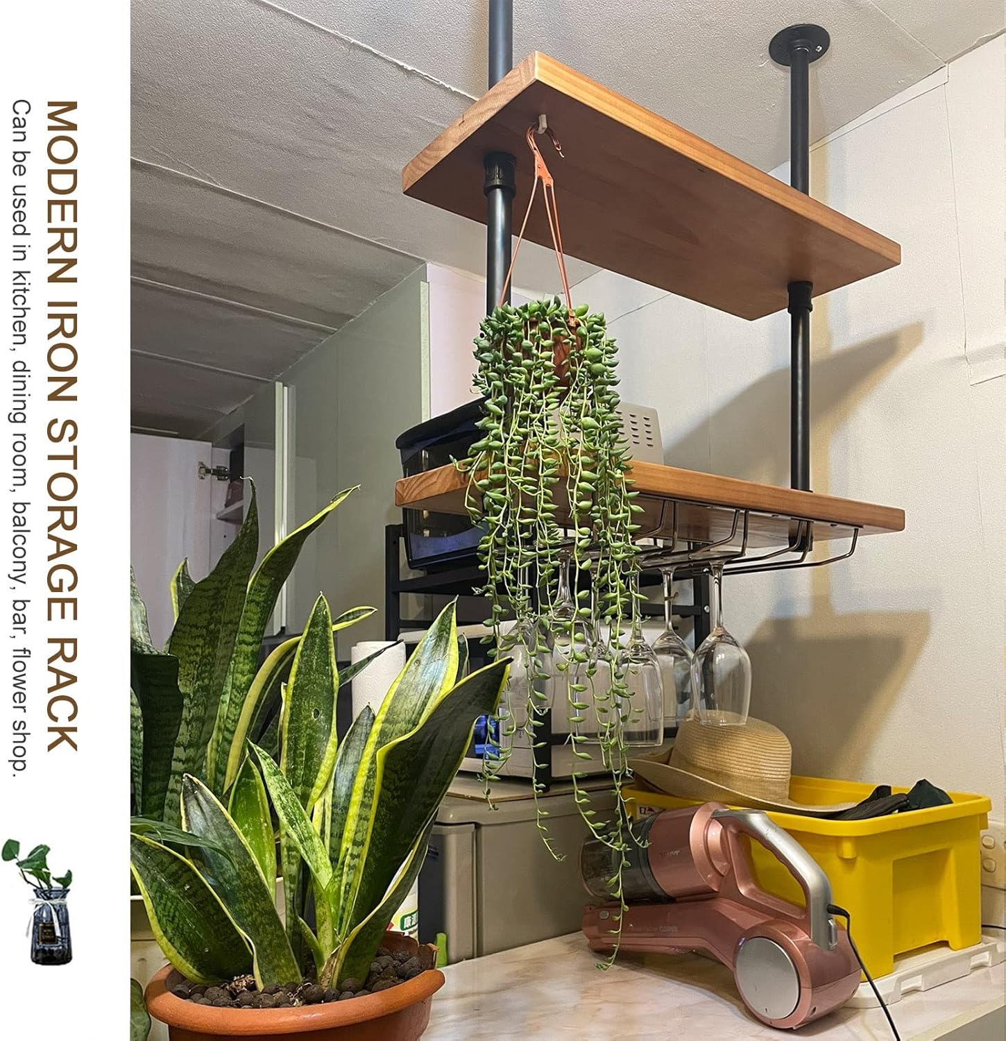 Industrial Ceiling ShelfEuropean Hanging Wine Bottle Holder & Kitchen Storage Rack for Spices Pots & PansMetal Iron & Solid Wood (60x25x70cm) No Glass Holder