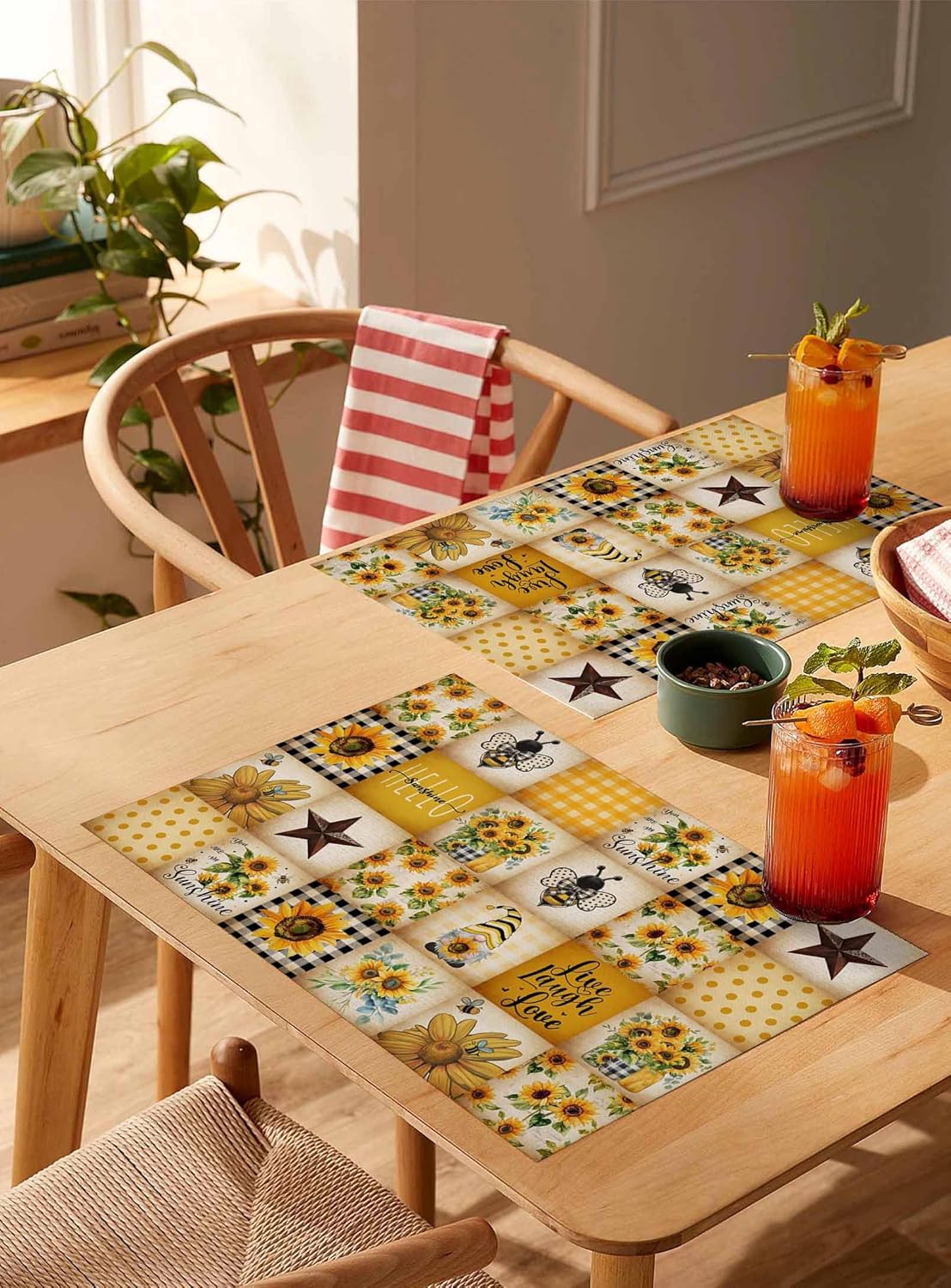 Farmhouse Placemats for Dining Table Yellow Plaid Bee Gnome Sunflower Table Mats Washable Modern Outdoor Indoor Placemats for Home Party Wedding Holiday Decor, Set of 6