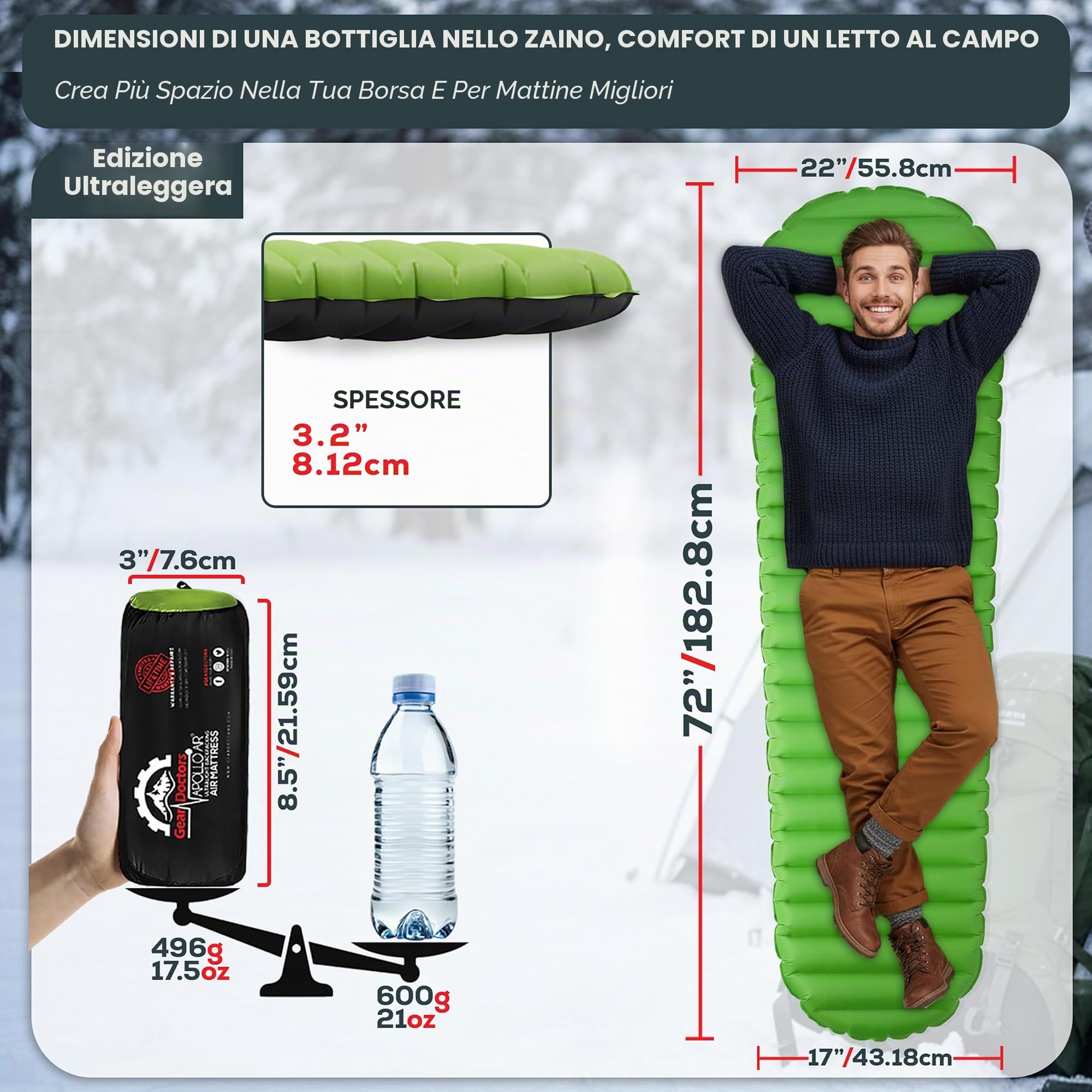 Gear Doctors ApolloAir - Materassino ultraleggero da campeggio, 481,9 g, grande, caldo, 5,2 R-Valore 4 stagioni, perfetto per escursioni, escursioni, materassino leggero gonfiabile e compatto