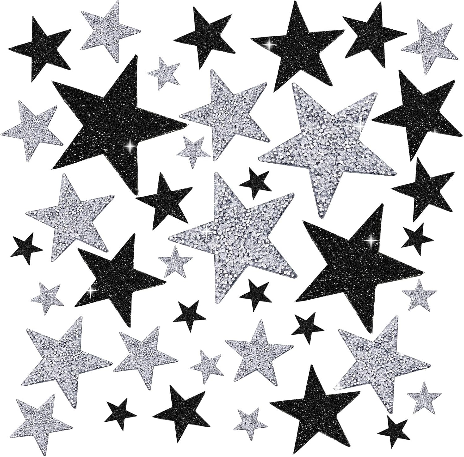 40 Pieces Rhinestone Star Patches for DIY, 4 Sizes Iron On Adhesive Glitter Star Appliques for Clothing Repair and Decoration