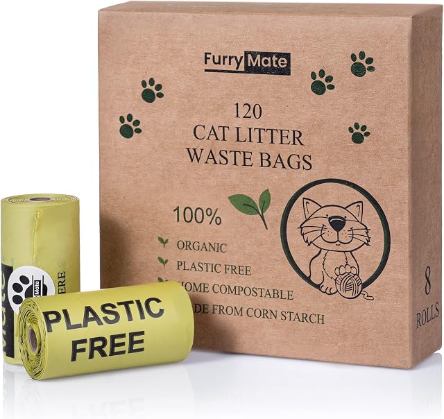 Furry Mate Cat Poop Bags Compostable Clumping Litter Waste Bags 120 Biodegradable Refill Scooper Liners Strong Unscented Thick Leak Proof 100% Plastic Free Made From Corn Starch