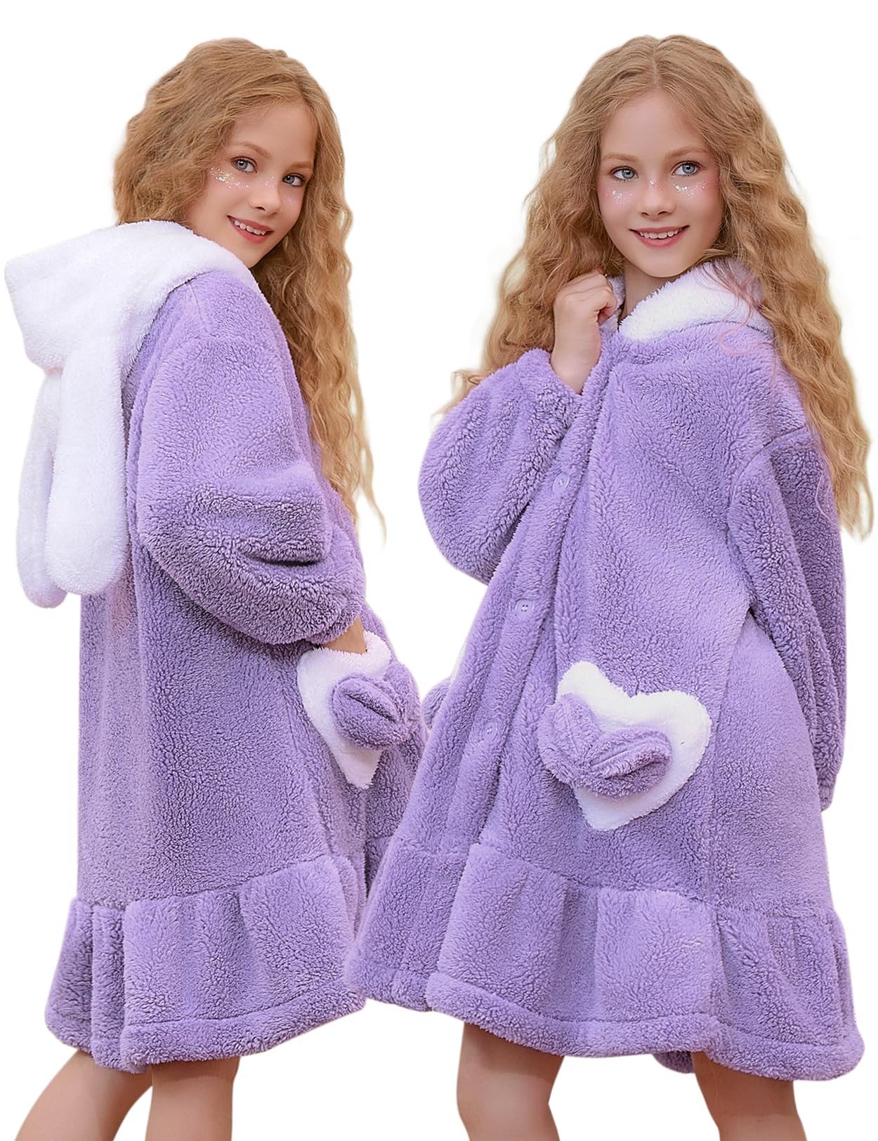 Girls Bathrobes Coral Fleece Button Down Hooded Robes Cute Rabbit Ears Bath Robe Fuzzy Warm Soft Sleepwear