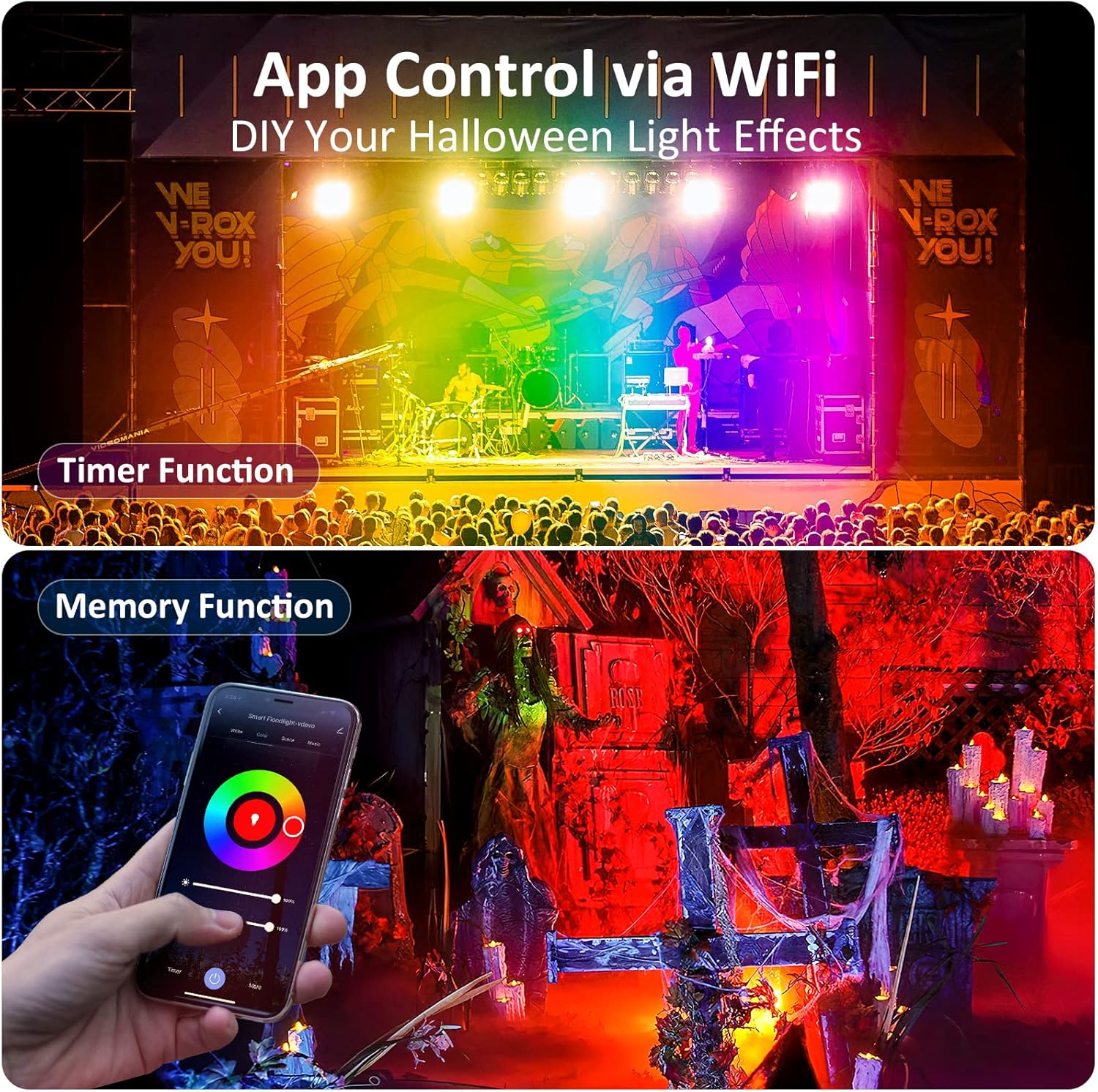 Smartphone screen showing the Smart Life app interface for controlling lights, with options for color, timer, and memory functions. A stage with colorful lights is shown above, and a Halloween-themed yard with red lighting below.