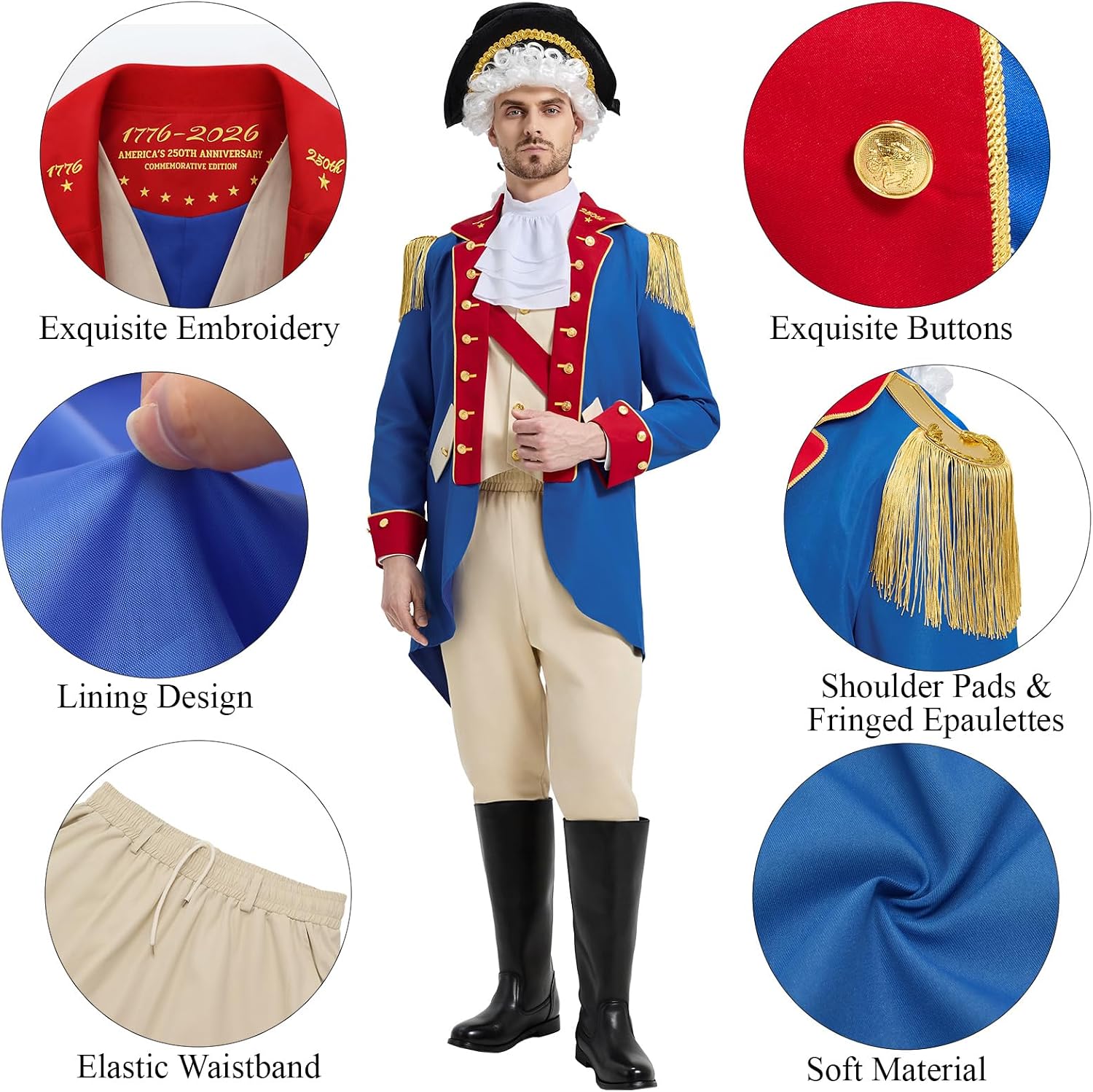 250 Anniversary USA Founding Father Costume Adult George Washington Colonial Costume Men Revolutionary War Outfit