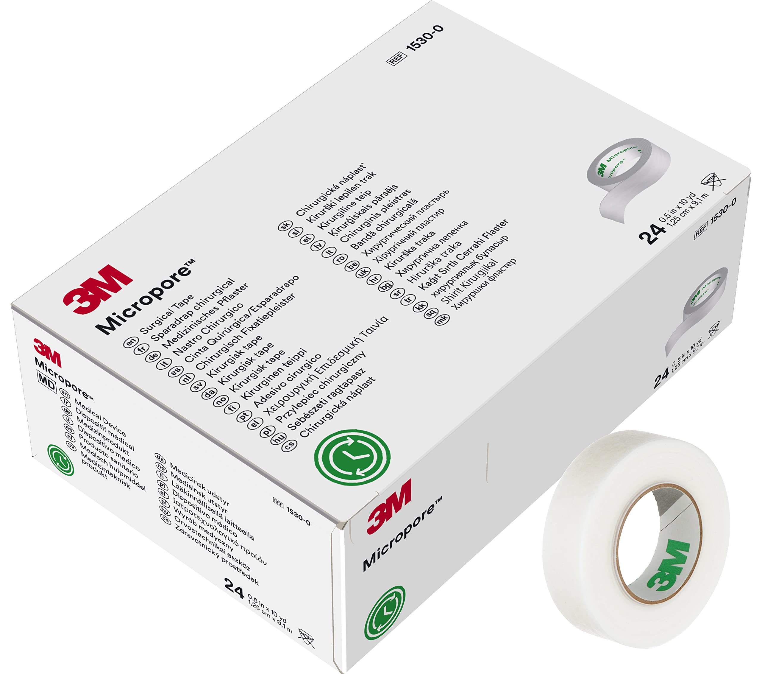 3M Micropore Tape, 1/2 inch x 10 yard, 1530-0, 24-Rolls (Pack of 10)