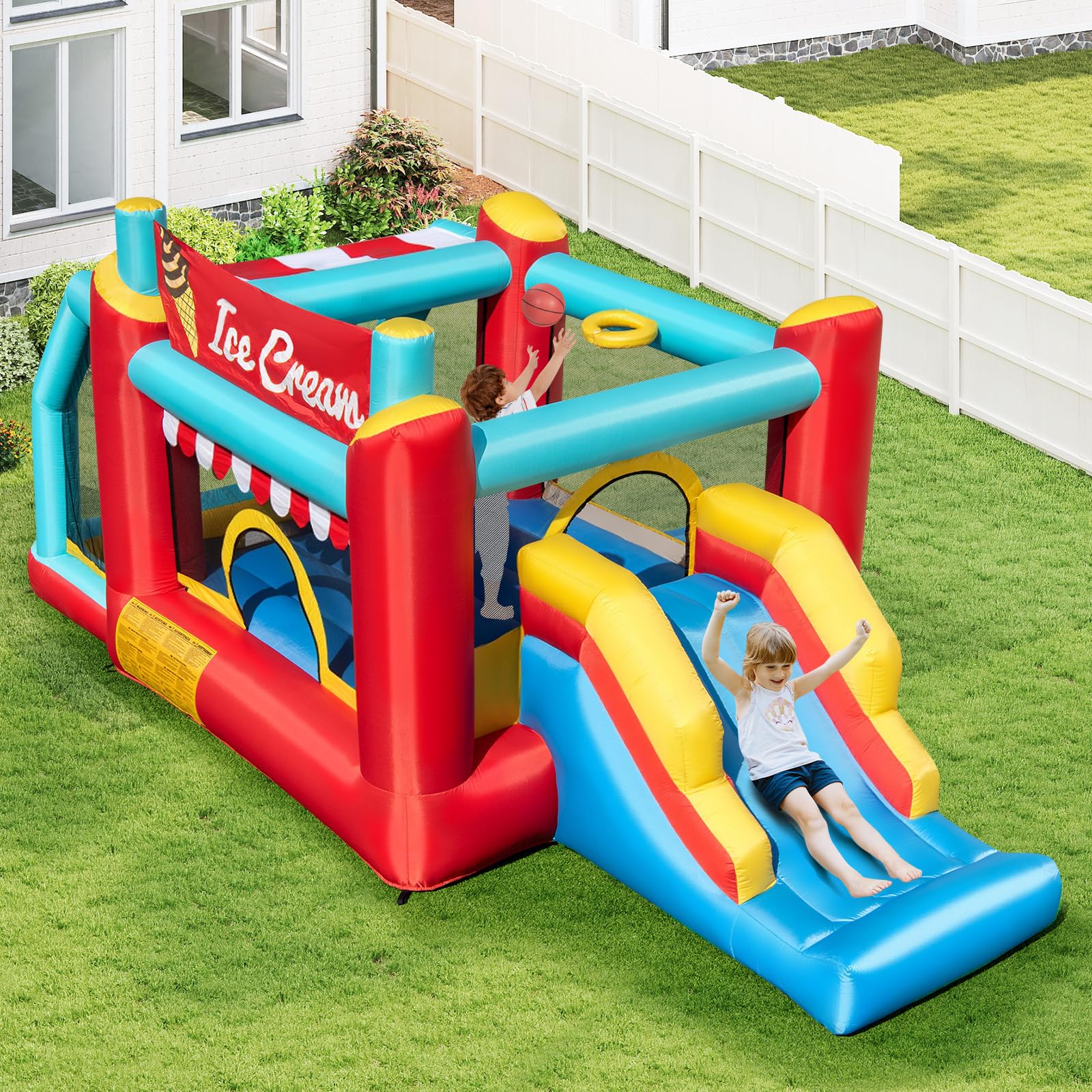 COSTWAY Castello Gonfiabile 5 in 1 per Bambini di Tema Gelato, Castello Gonfiabile con Scivolo, Canestro, Trampolino e Vasca, Gioco Gonfiabile con Anelli e Palline per Interno ed Esterno