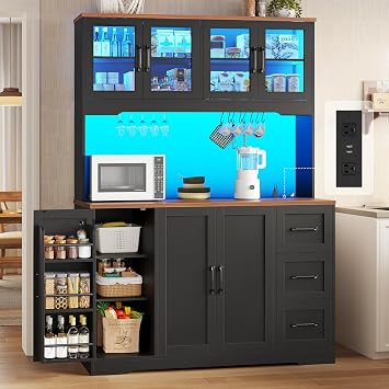 BTHFST 47.3 Wide Pantry Cabinet with Charging Station, LED Lights, Black