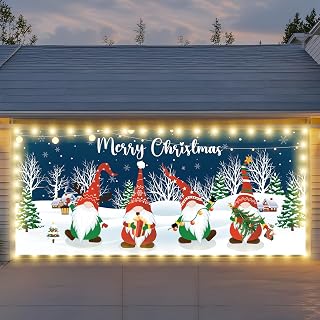 7x16ft Christmas Garage Door Cover with LED String Lights, 2025 Large Garage Door Christmas Decorations, Outdoor Lighted Garage Banner, Merry Garage Mural (Christmas Gnomes)