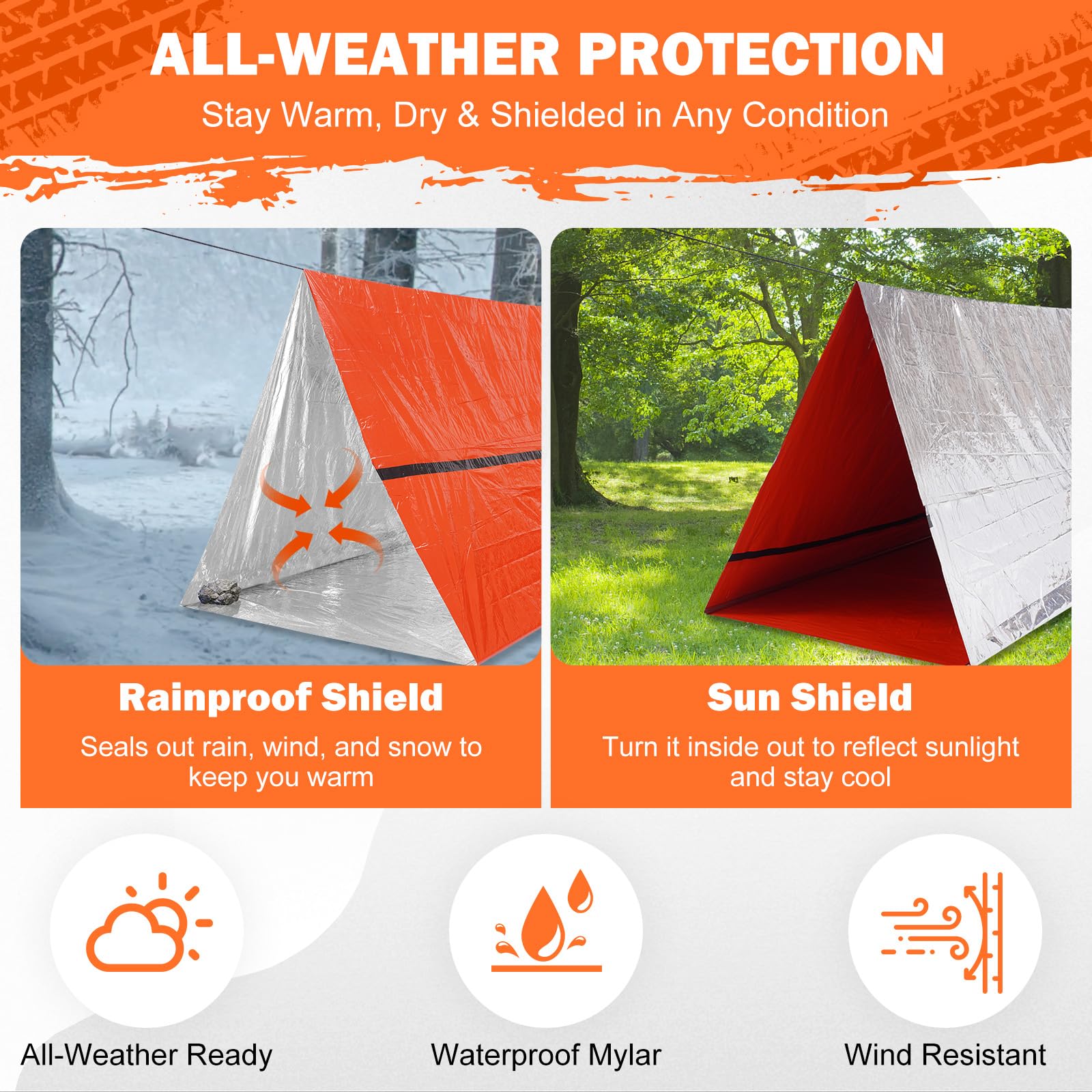 Tente de survie d'urgence – Tente de survie pour 2 personnes en Mylar avec sifflet d'urgence et paracorde, équipement de survie essentiel pour le camping, la randonnée et les kits de survie