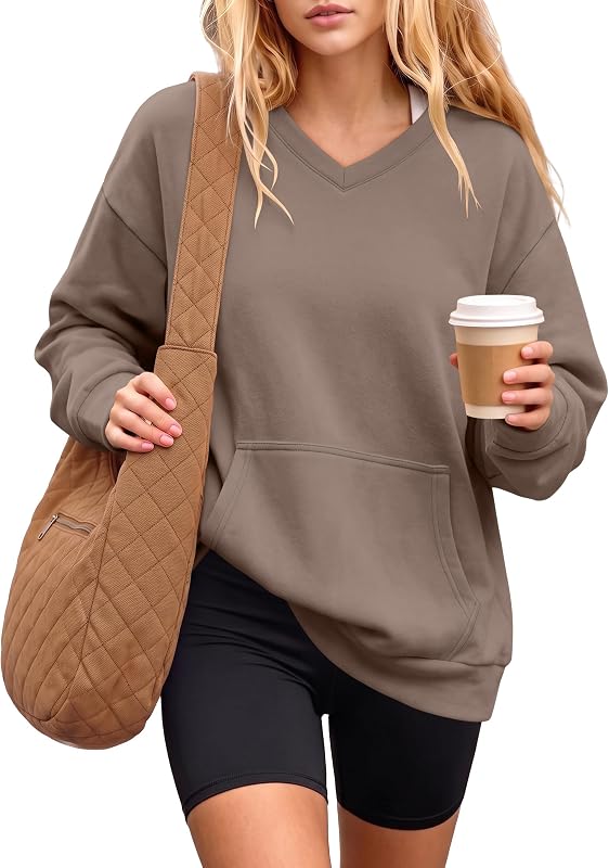 ANRABESS Womens V Neck Long Sleeve Sweatshirts,Light Brown,L