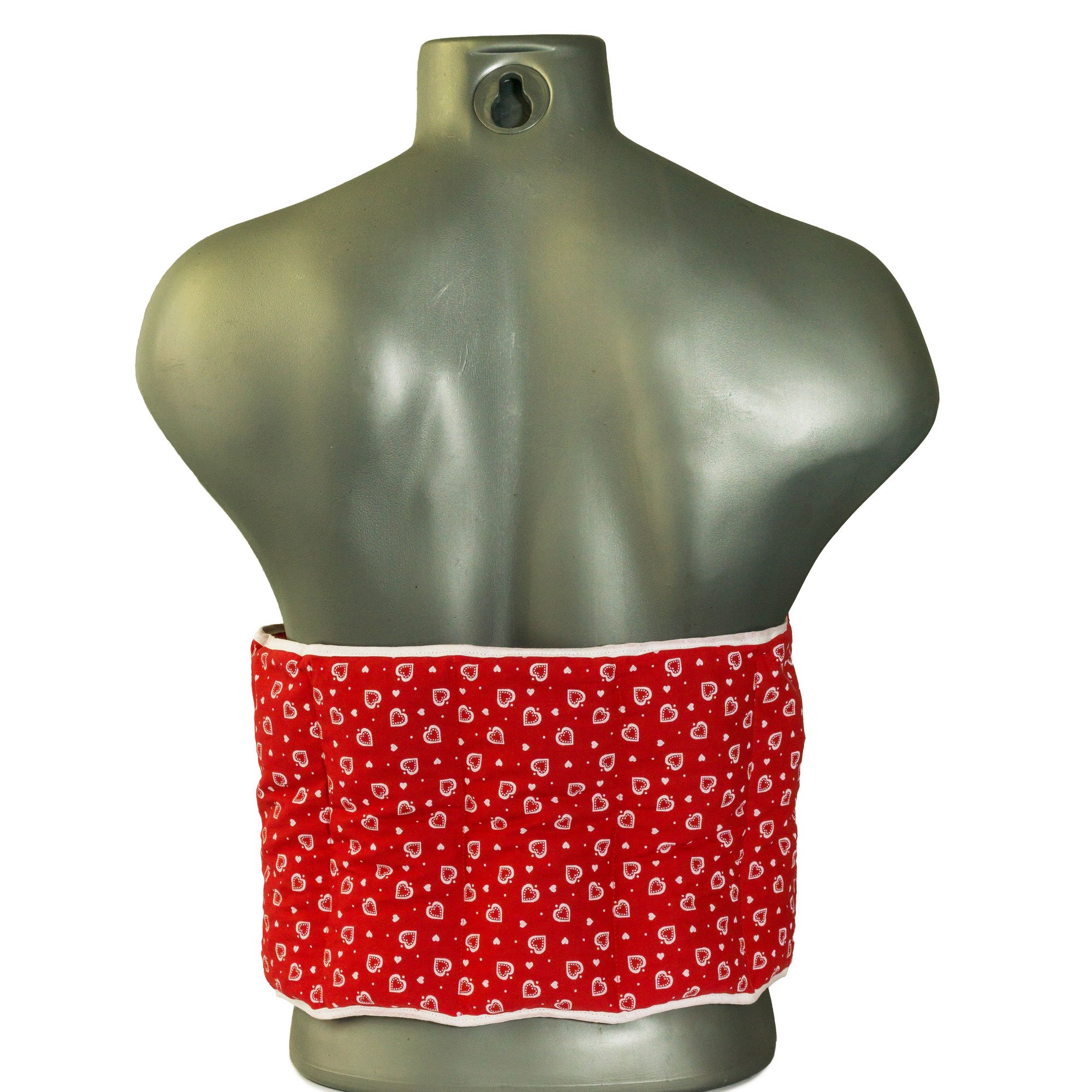 Coussin-ceinture, 135cm, aux noyaux de cerises à sept compartiments avec fermeture à bande auto-agrippante - Ceinture-bouillotte - Coussin thermique aux graines XXL, Rouge avec des coeurs