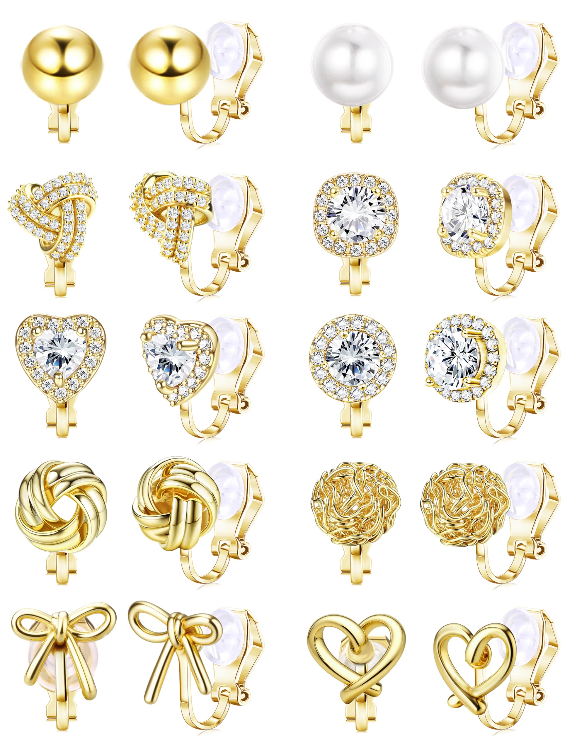 Florideco Clip on Earrings for Women 14K Gold Plated Cubic Zirconia Clip On Stud Earrings Non-Pierced Twist Knot Simulated Pearl Heart Earring Set